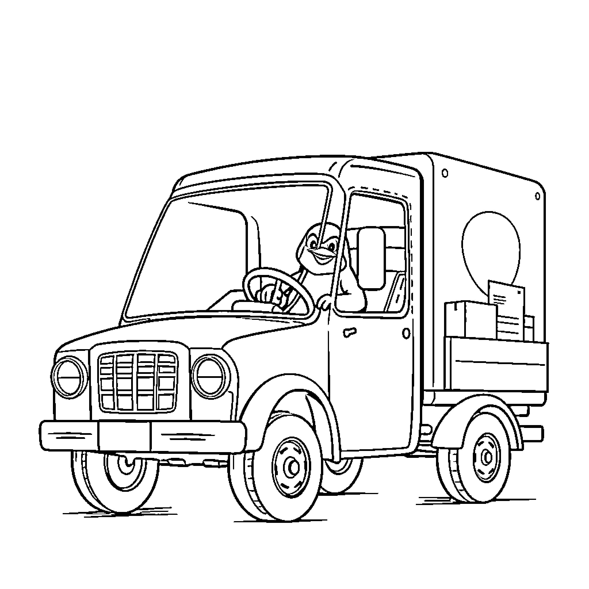 Truck delivering goods with a smiling driver Coloring Page (free black-and-white line drawing printable PDF for all, from beginners to advanced learners, including children, teens, adults, and seniors)