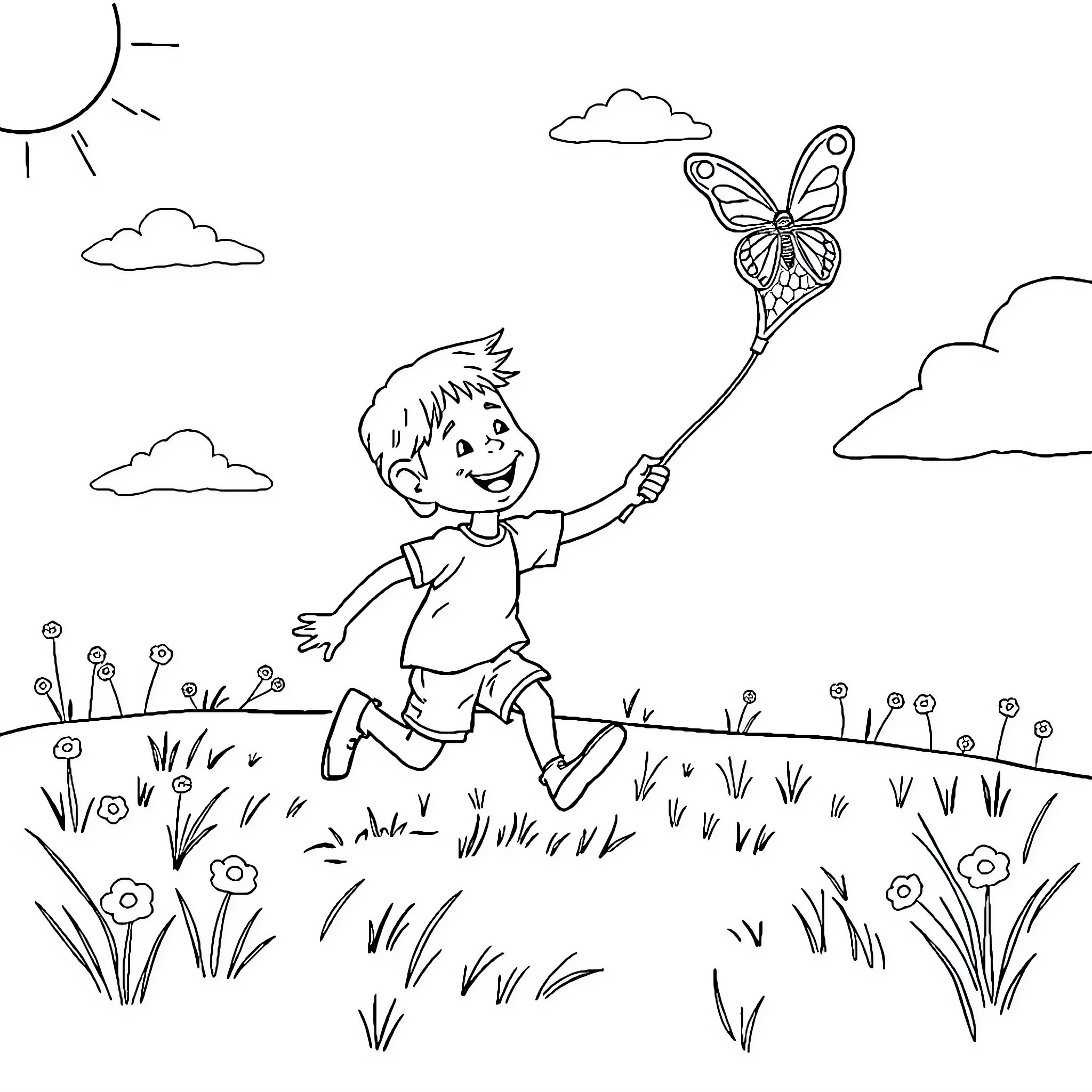 Kid chasing butterfly with a smile Coloring Page (free black-and-white line drawing printable PDF for all, from beginners to advanced learners, including children, teens, adults, and seniors)