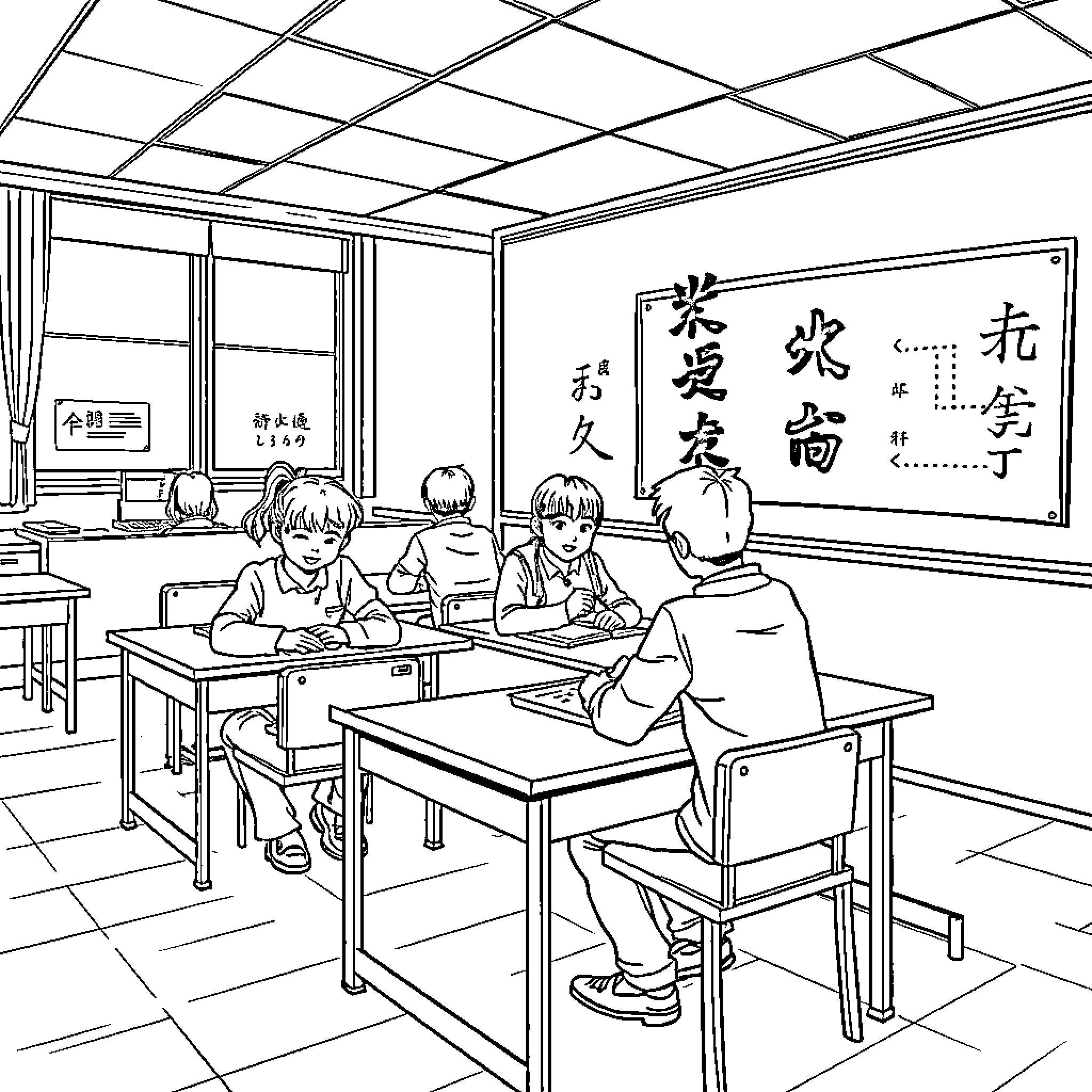 Students Diligently Learning in Classroom Coloring Page (free black-and-white line drawing printable PDF for all, from beginners to advanced learners, including children, teens, adults, and seniors)