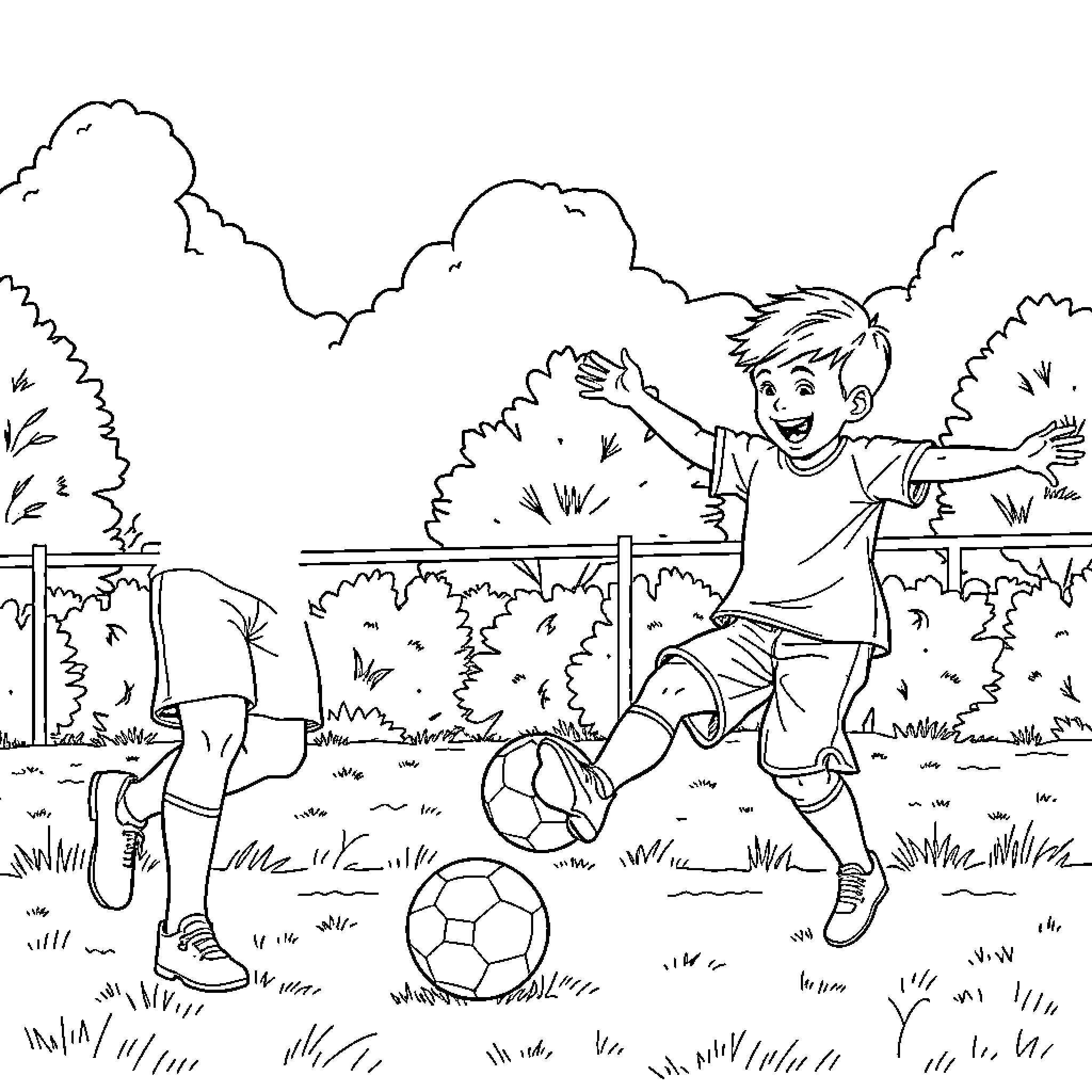 Kid enjoying soccer game in the park Coloring Page (free black-and-white line drawing printable PDF for all, from beginners to advanced learners, including children, teens, adults, and seniors)