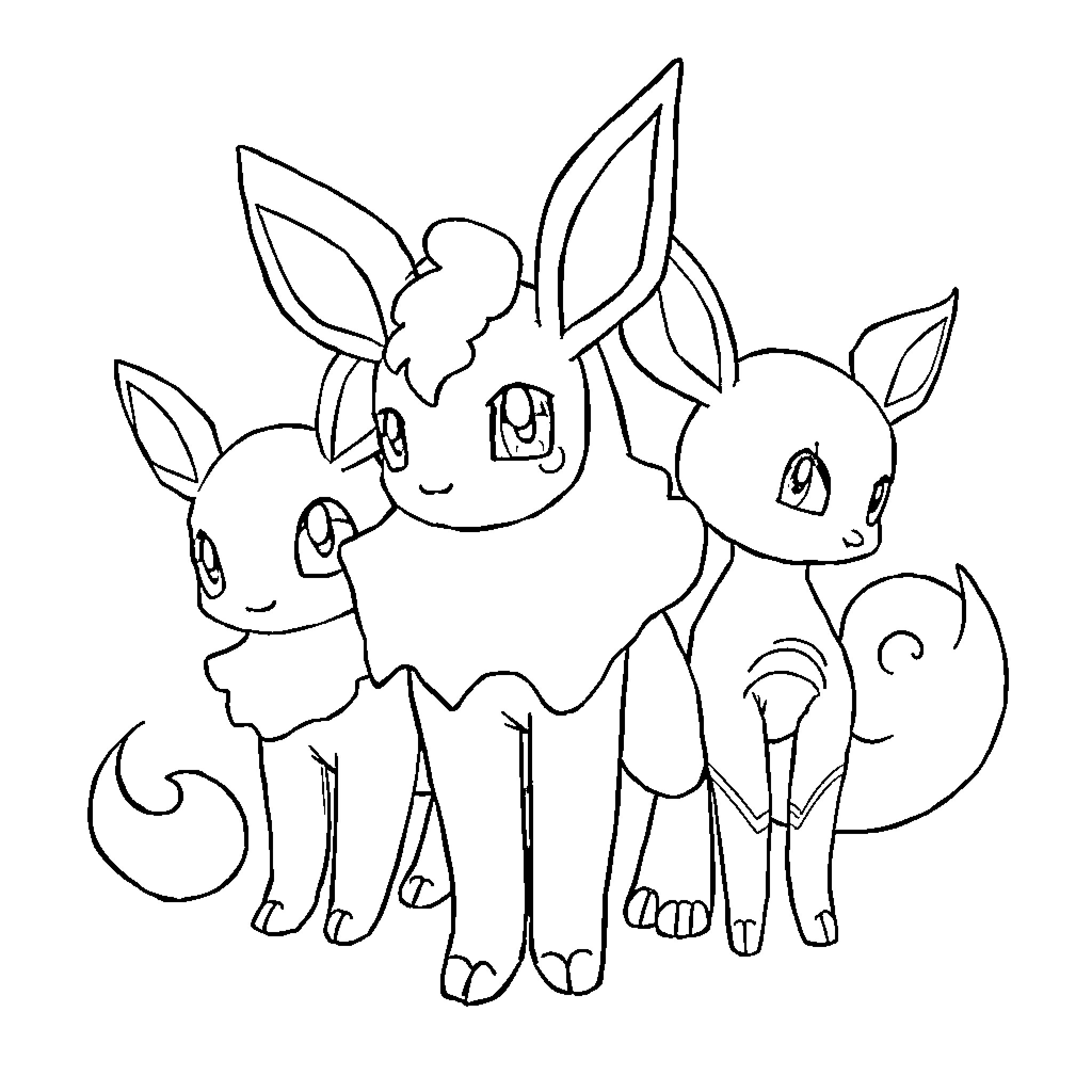 Pokémon Evolutions Playing Together Coloring Page (free black-and-white line drawing printable PDF for all, from beginners to advanced learners, including children, teens, adults, and seniors)