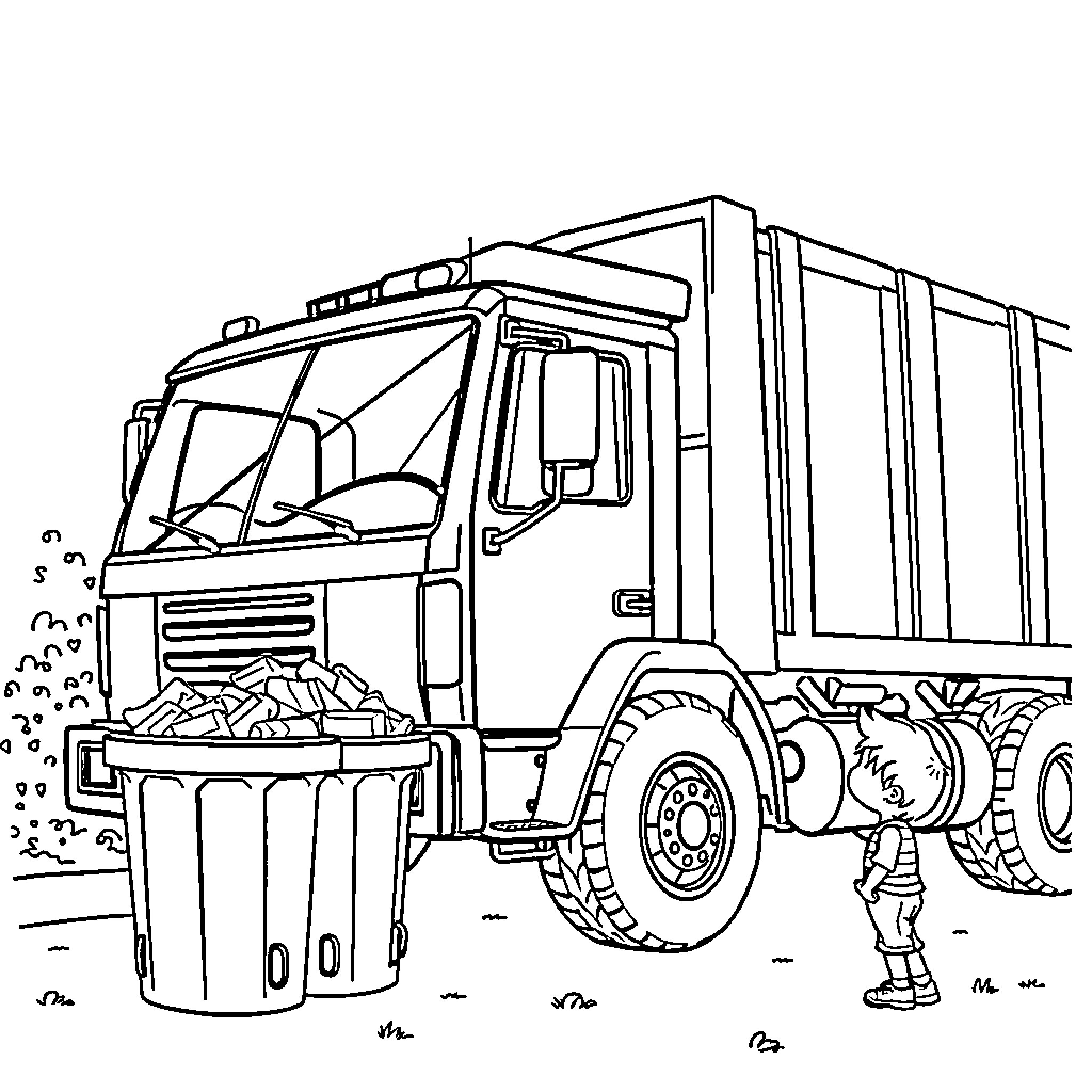 Trash Truck Collecting Garbage on the Street Coloring Page (free black-and-white line drawing printable PDF for all, from beginners to advanced learners, including children, teens, adults, and seniors)