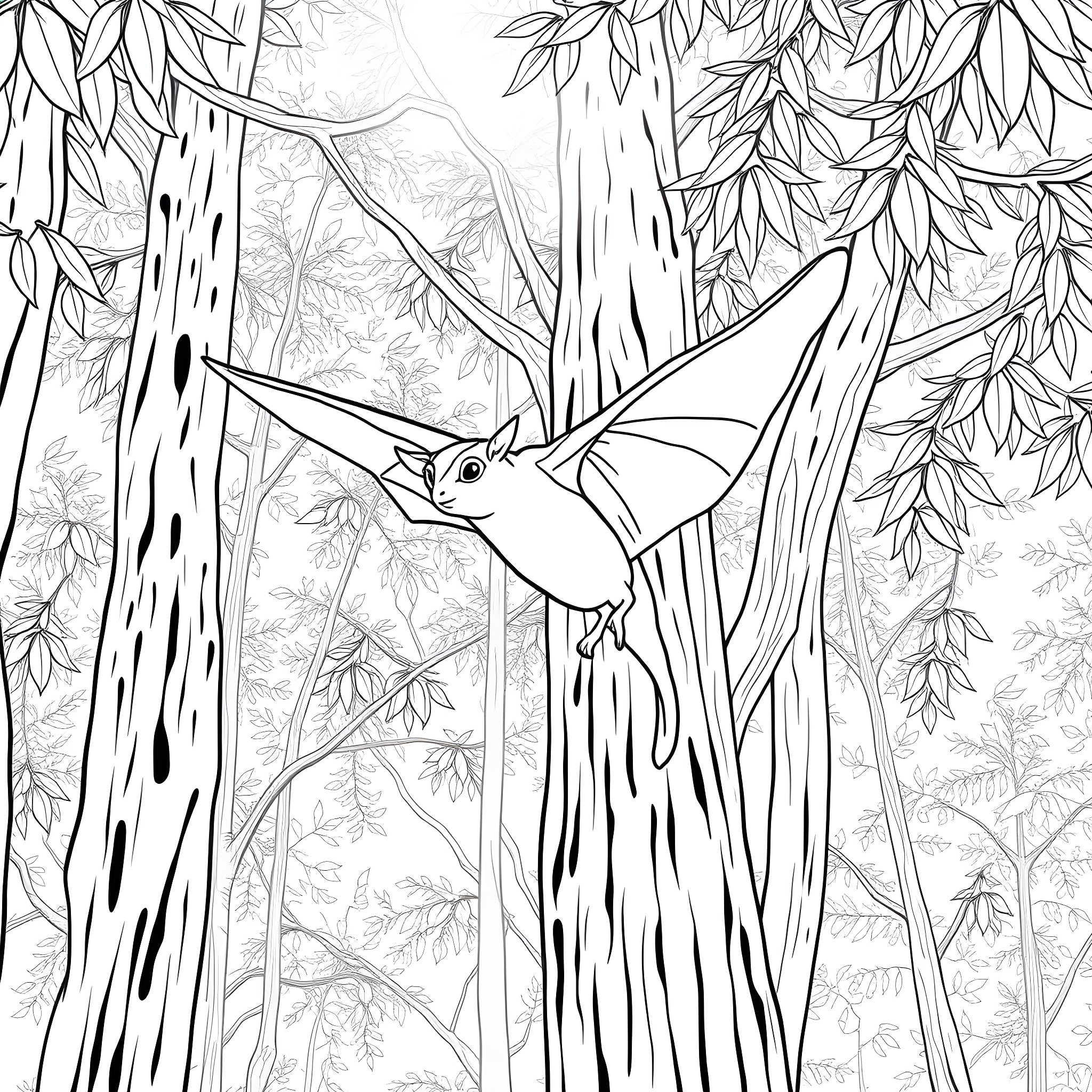 Squirrel Flying Through Lush Foliage Coloring Page (free black-and-white line drawing printable PDF for all, from beginners to advanced learners, including children, teens, adults, and seniors)