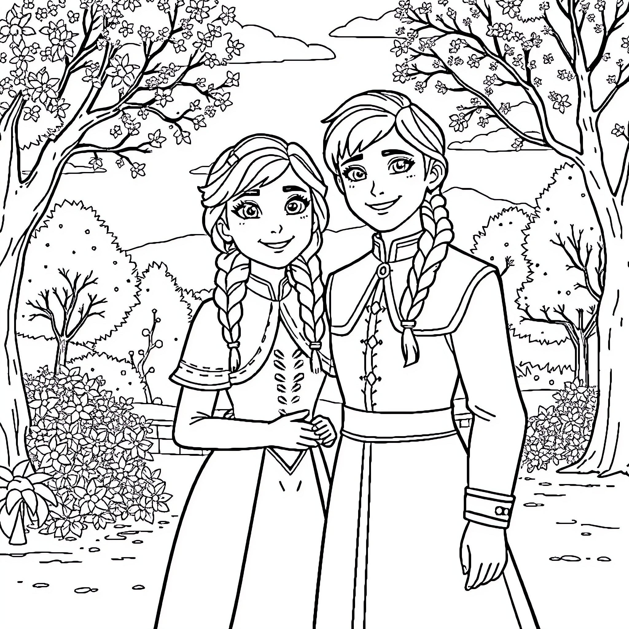Elsa and Anna enjoying a scenic spring day Coloring Page (free black-and-white line drawing printable PDF for all, from beginners to advanced learners, including children, teens, adults, and seniors)