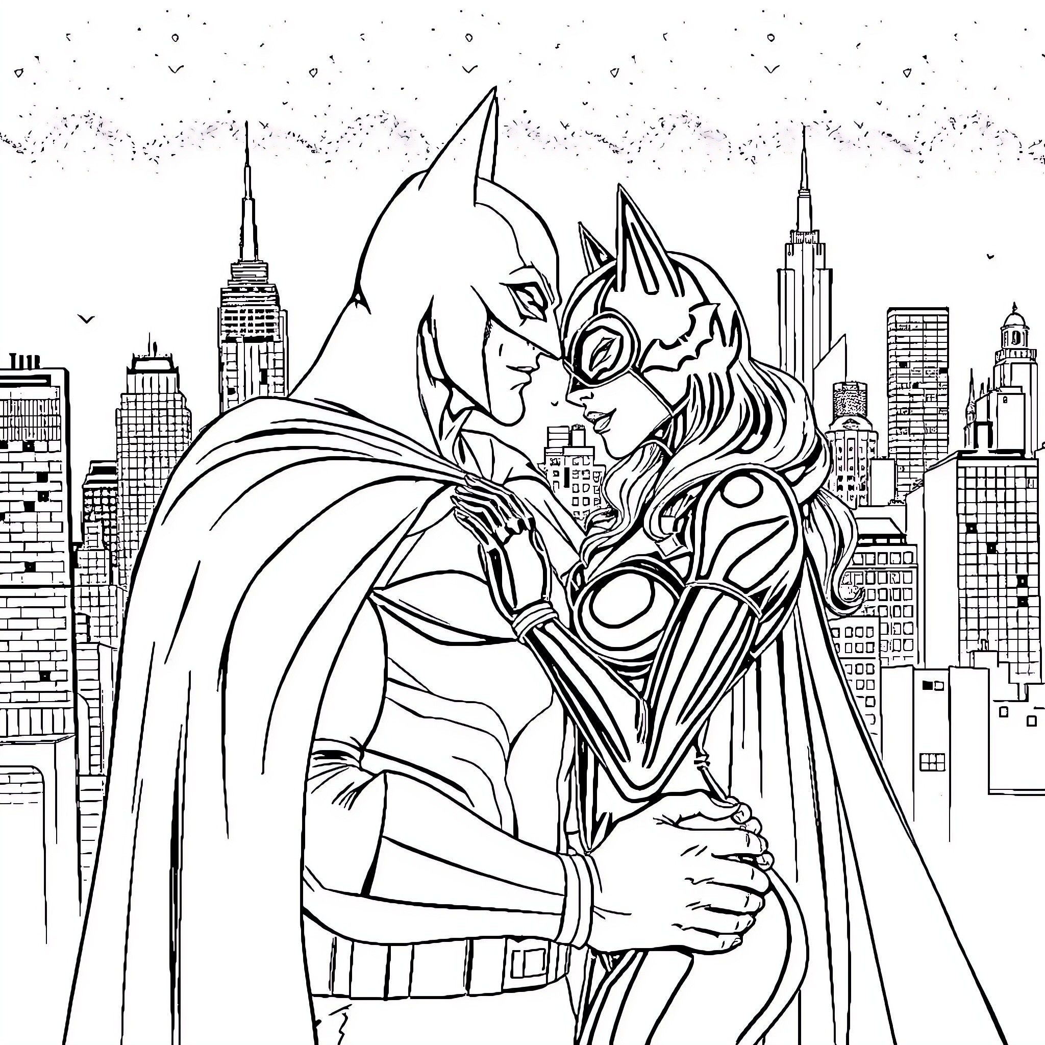 Batman embracing Catwoman in the city skyline Coloring Page (free black-and-white line drawing printable PDF for all, from beginners to advanced learners, including children, teens, adults, and seniors)