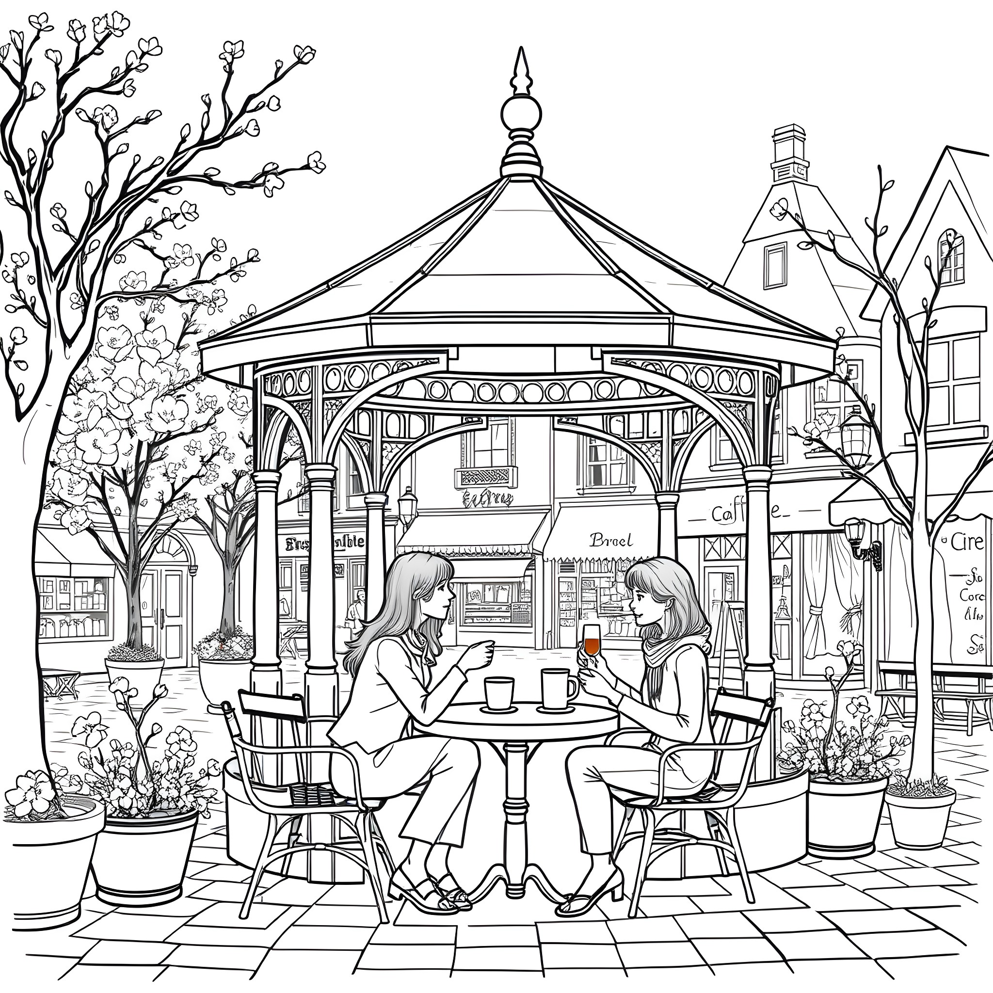 Gazebo with friends enjoying conversation and coffee Coloring Page (free black-and-white line drawing printable PDF for all, from beginners to advanced learners, including children, teens, adults, and seniors)