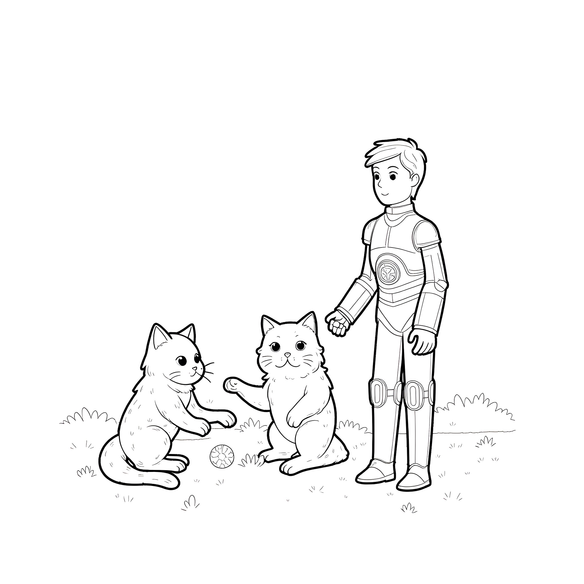 Luke Skywalker playing with cats in the park Coloring Page (free black-and-white line drawing printable PDF for all, from beginners to advanced learners, including children, teens, adults, and seniors)