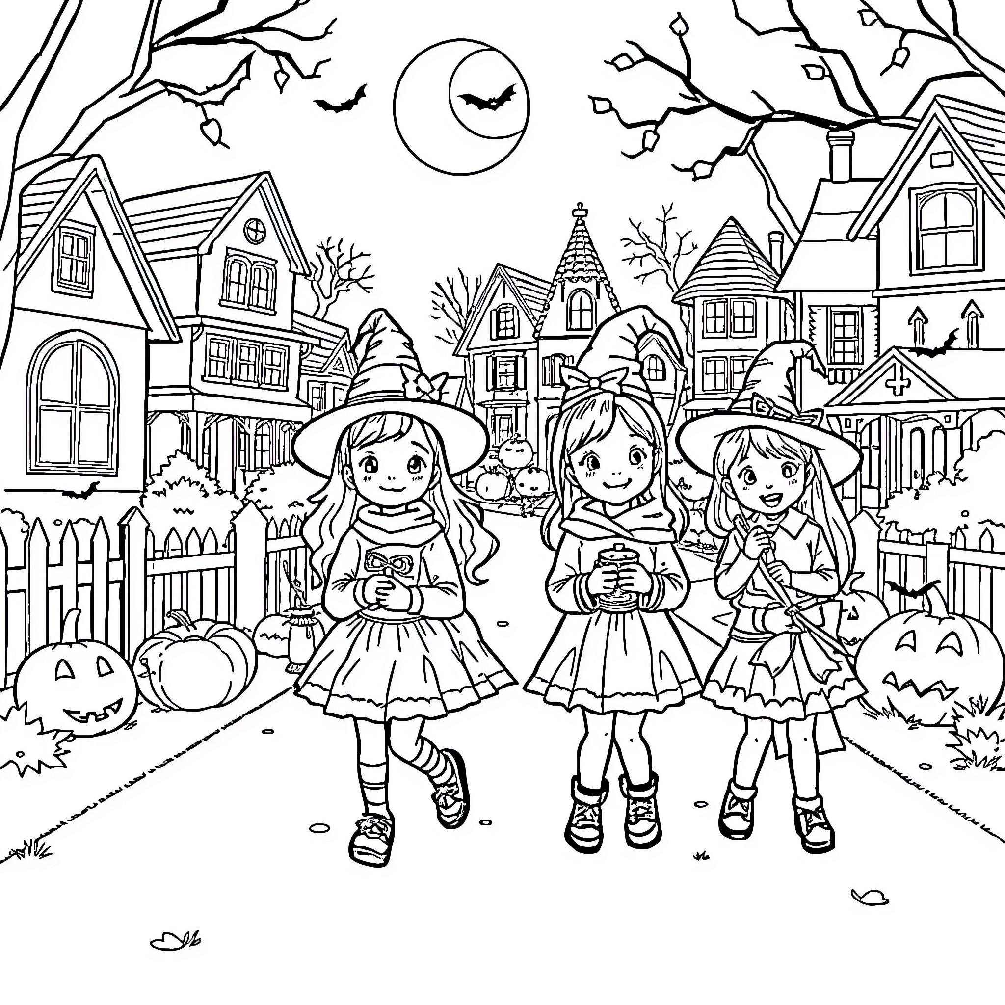 Sisters Trick-or-Treating on a Spooky Halloween Night Coloring Page (free black-and-white line drawing printable PDF for all, from beginners to advanced learners, including children, teens, adults, and seniors)