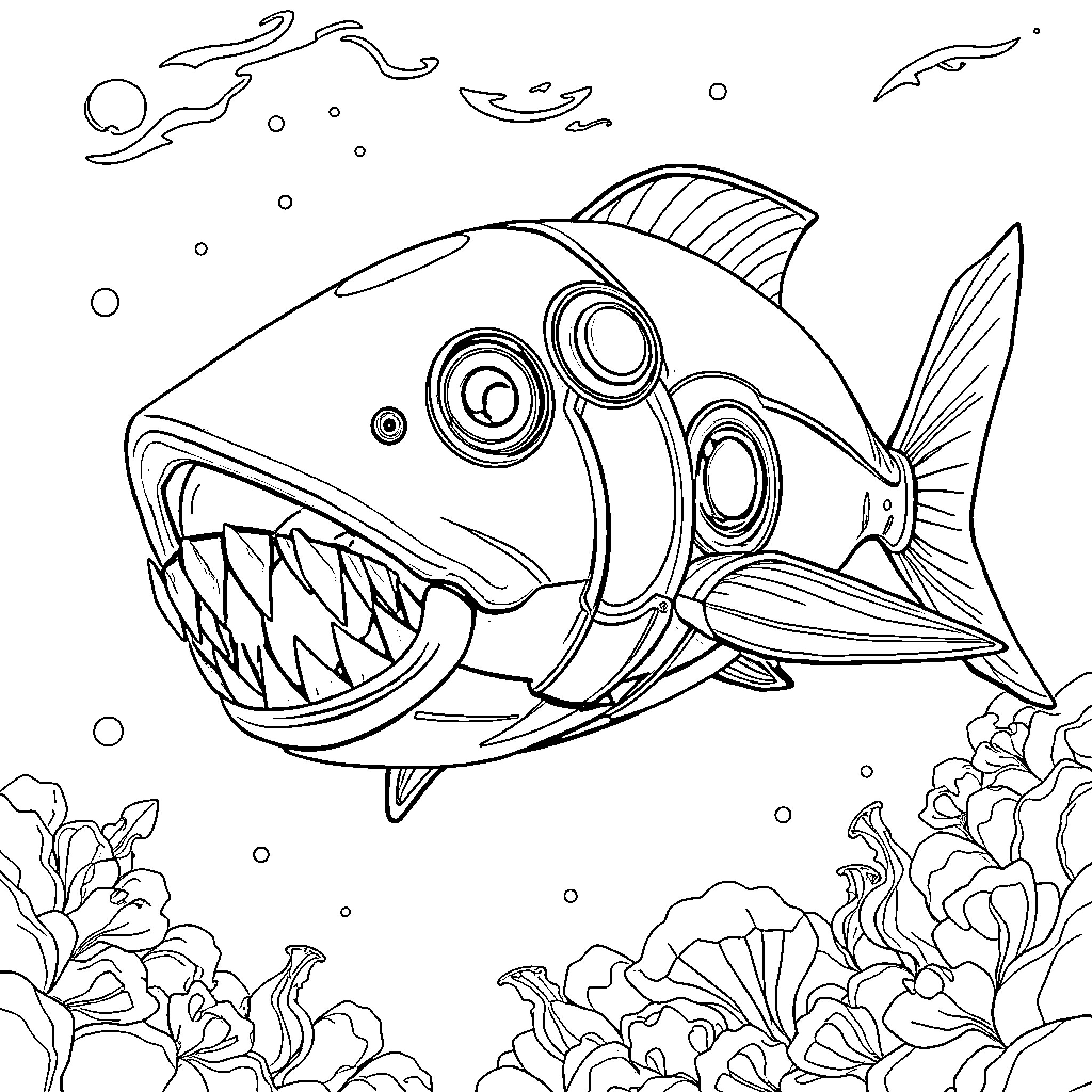Robot Piranha Exploring Underwater Coral Reef Coloring Page (free black-and-white line drawing printable PDF for all, from beginners to advanced learners, including children, teens, adults, and seniors)