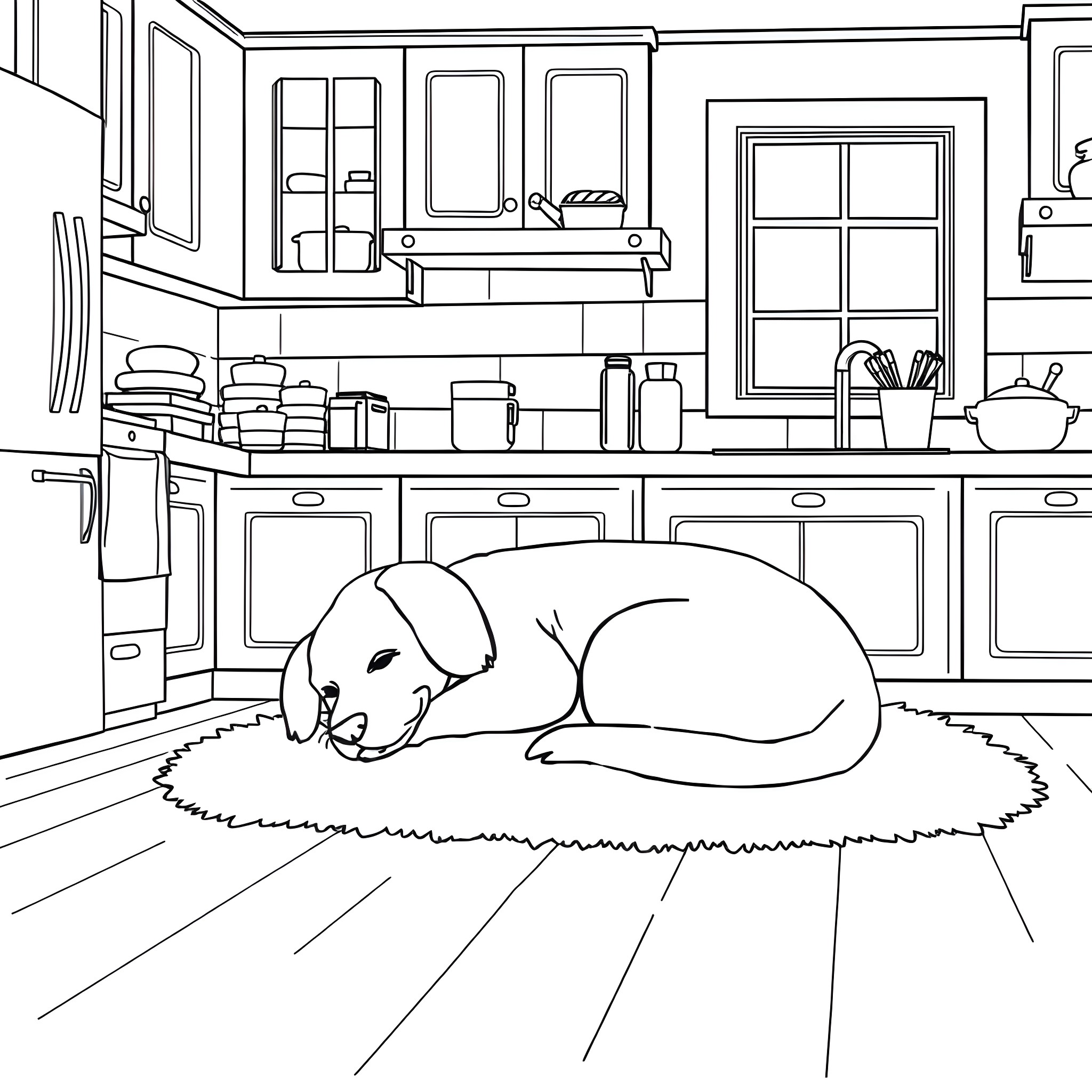 Dog resting peacefully in the kitchen Coloring Page (free black-and-white line drawing printable PDF for all, from beginners to advanced learners, including children, teens, adults, and seniors)