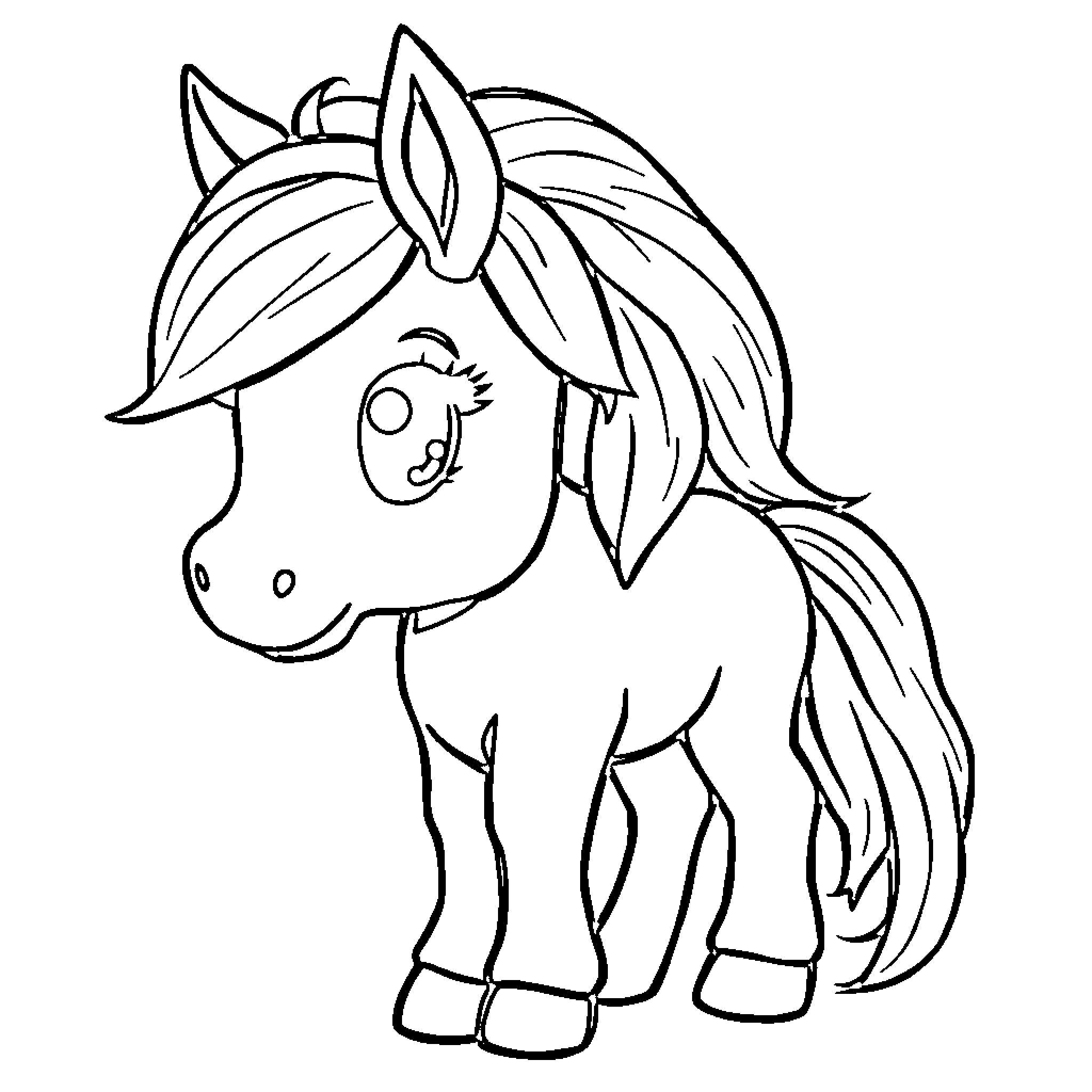 Pony with big eyes and flowing mane Coloring Page (free black-and-white line drawing printable PDF for all, from beginners to advanced learners, including children, teens, adults, and seniors)