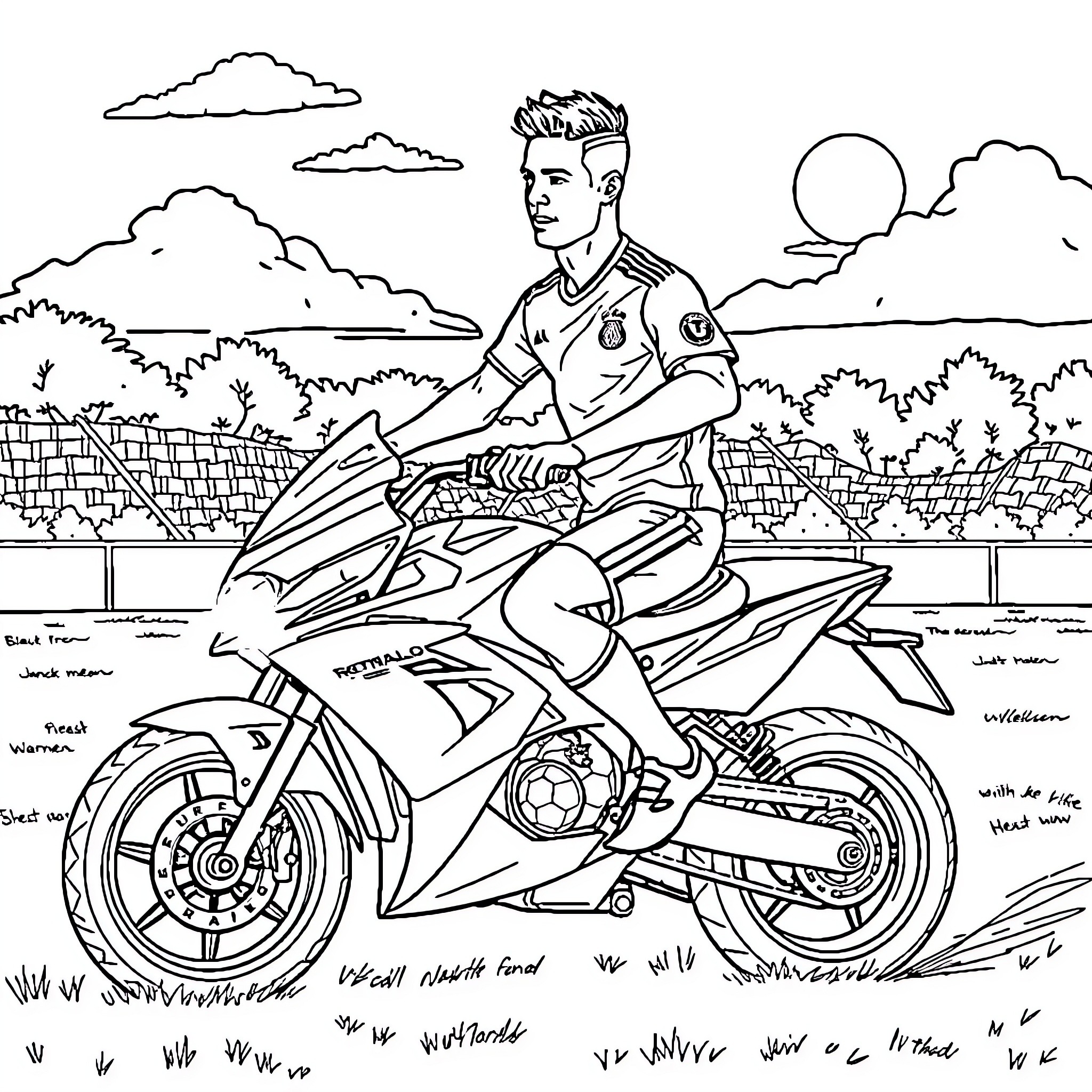 Ronaldo riding high-performance motorcycle through scenic countryside Coloring Page (free black-and-white line drawing printable PDF for all, from beginners to advanced learners, including children, teens, adults, and seniors)