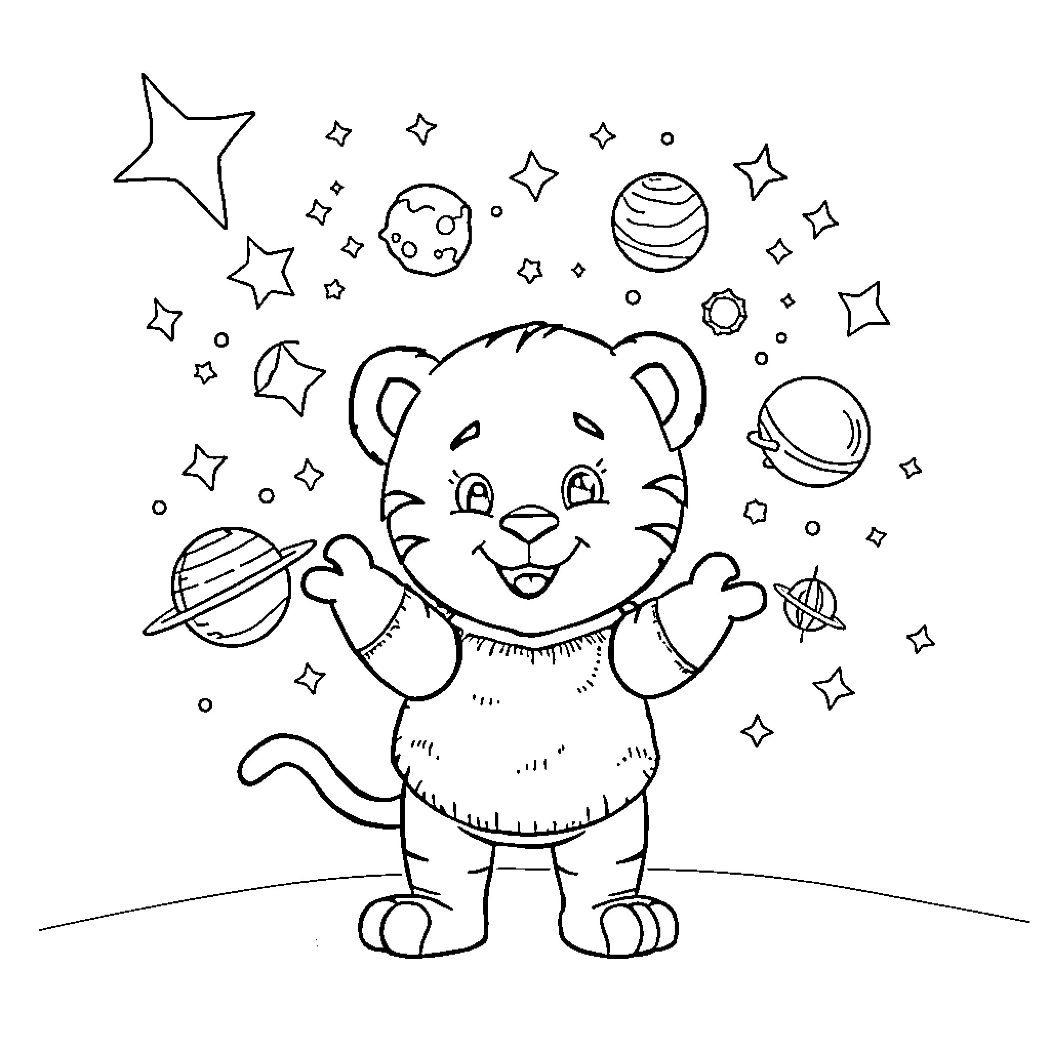 Daniel Tiger Playing with Planets and Stars Coloring Page (free black-and-white line drawing printable PDF for all, from beginners to advanced learners, including children, teens, adults, and seniors)