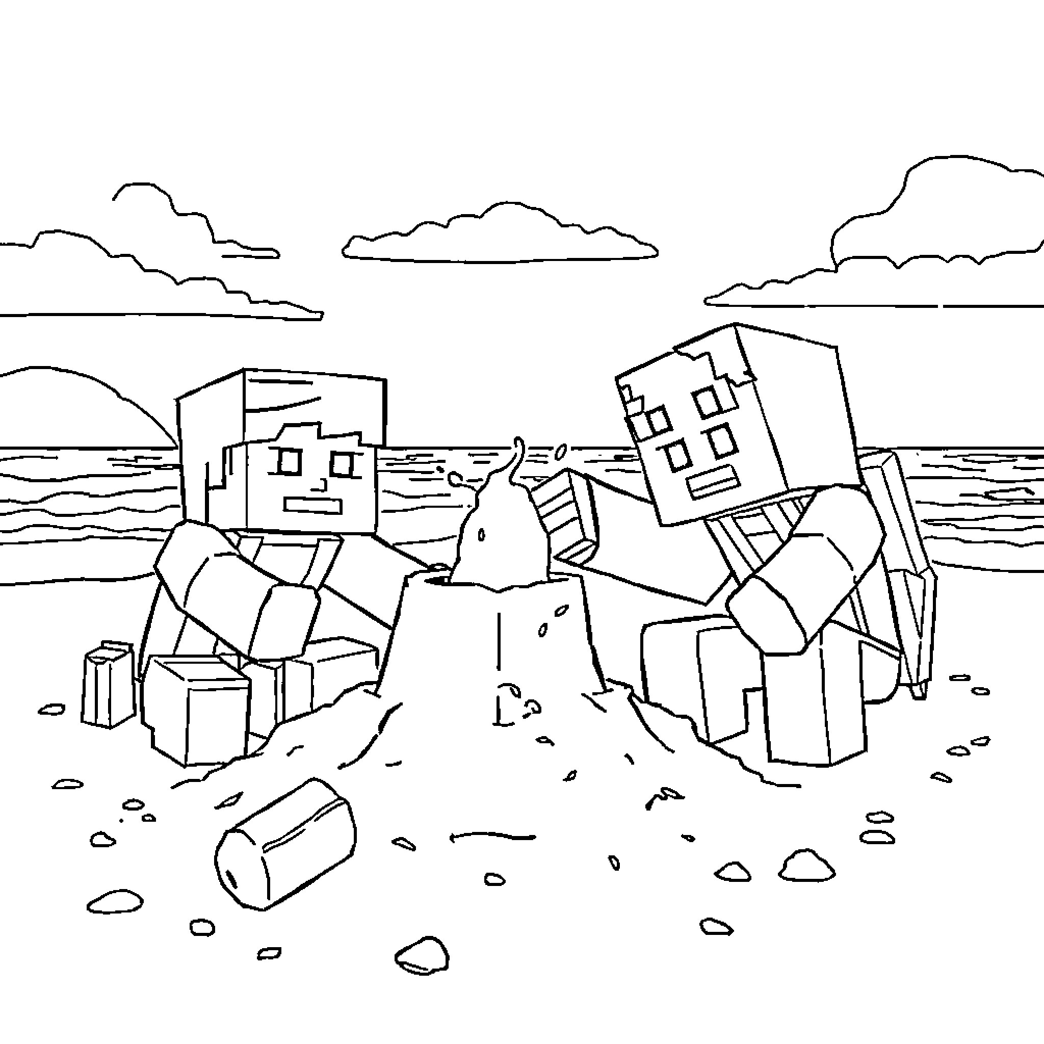 Minecraft Characters Exploring Coastal Landscape Coloring Page (free black-and-white line drawing printable PDF for all, from beginners to advanced learners, including children, teens, adults, and seniors)