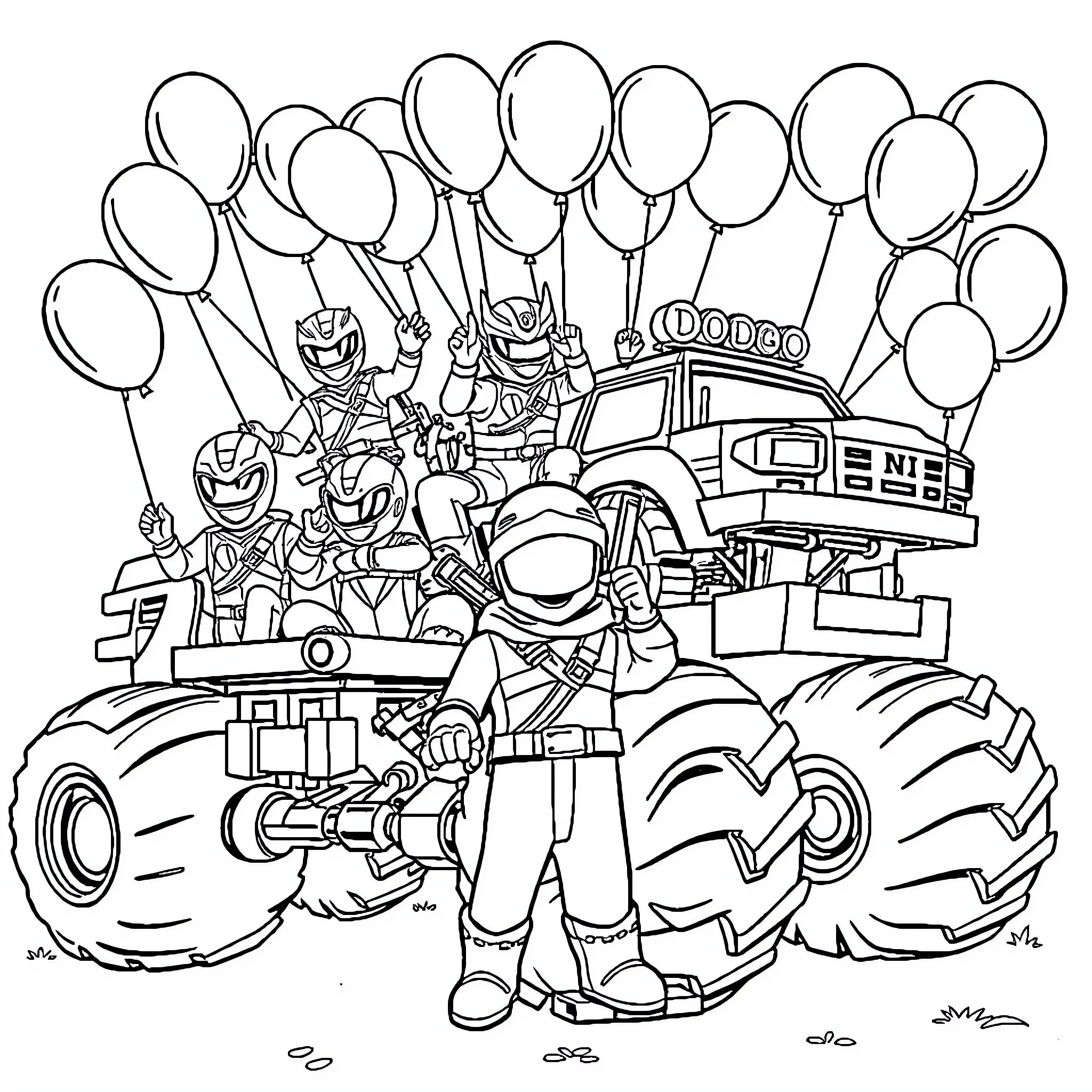 Ranger Leads Team on Monster Truck Adventure Coloring Page (free black-and-white line drawing printable PDF for all, from beginners to advanced learners, including children, teens, adults, and seniors)
