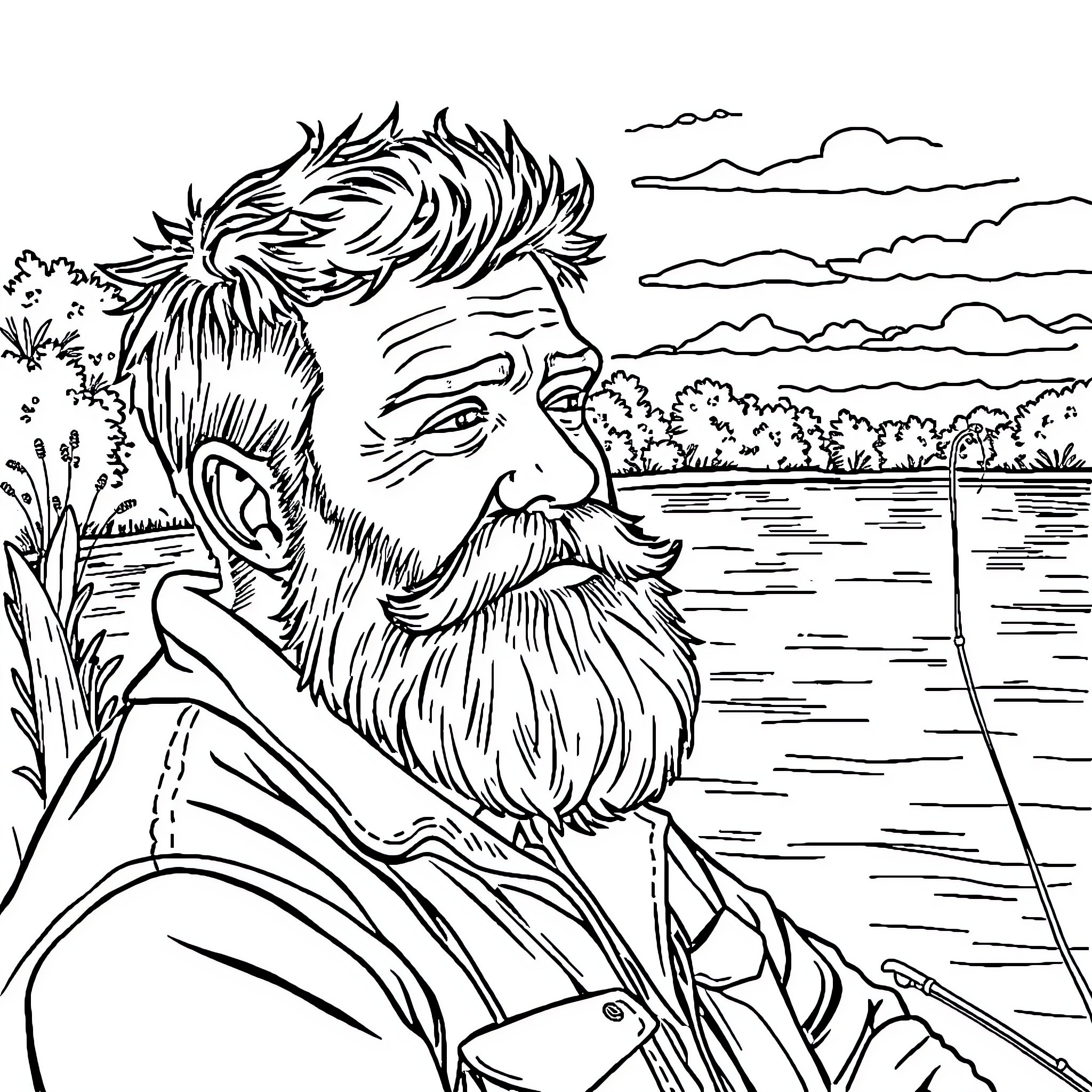 Dad Enjoying Peaceful Moment by the Lake Coloring Page (free black-and-white line drawing printable PDF for all, from beginners to advanced learners, including children, teens, adults, and seniors)