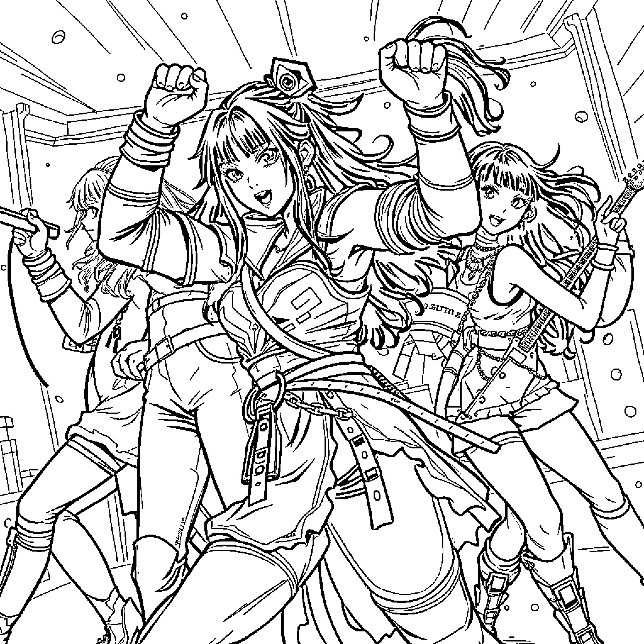 Mira and Friends Celebrate Victory in Battle Coloring Page (free black-and-white line drawing printable PDF for all, from beginners to advanced learners, including children, teens, adults, and seniors)