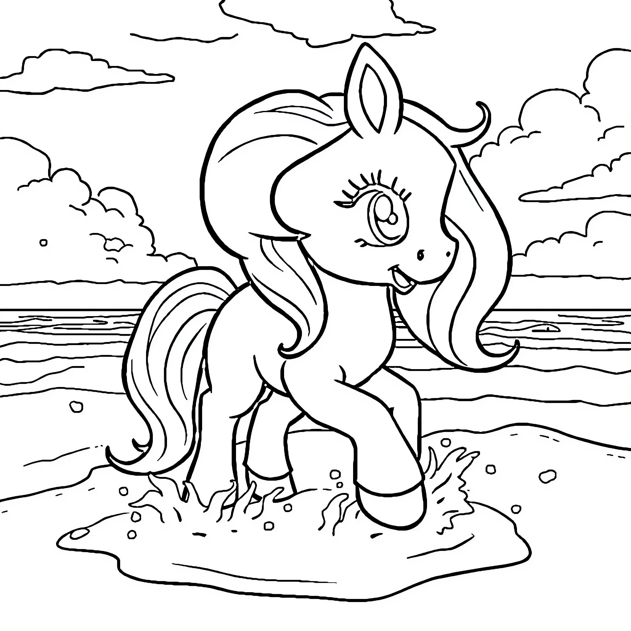 Pony playing joyfully on the beach Coloring Page (free black-and-white line drawing printable PDF for all, from beginners to advanced learners, including children, teens, adults, and seniors)