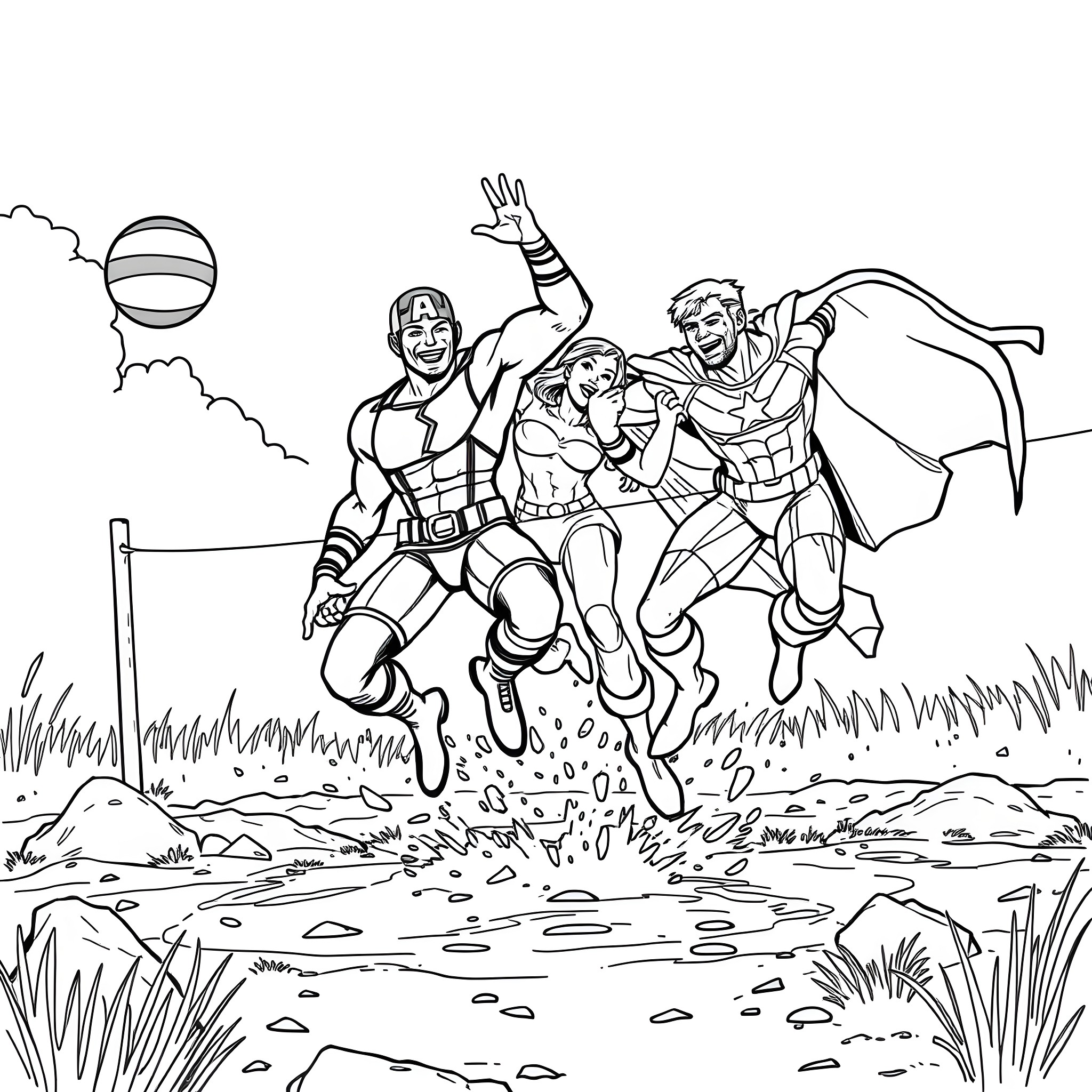 Avenger team rushing into action Coloring Page (free black-and-white line drawing printable PDF for all, from beginners to advanced learners, including children, teens, adults, and seniors)
