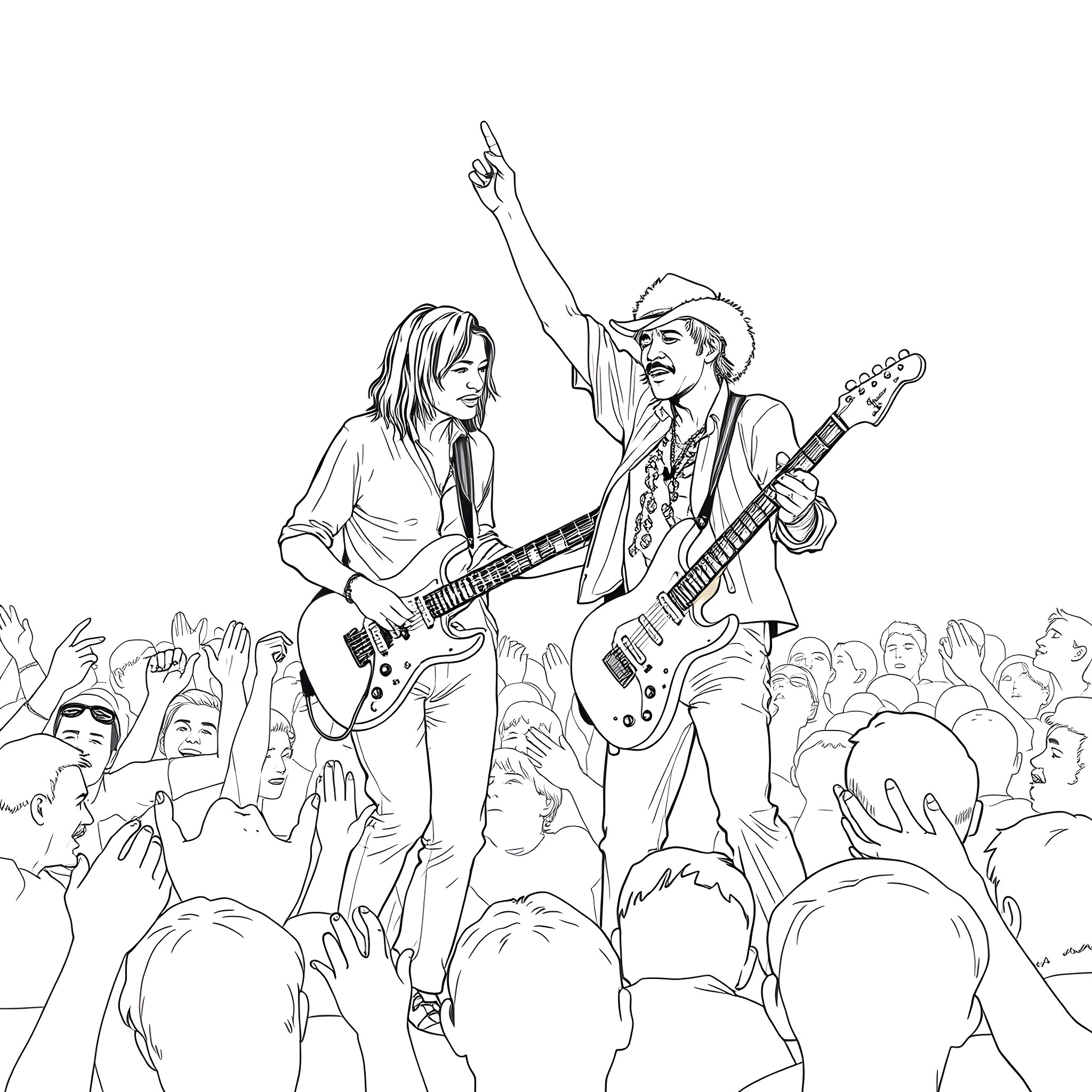 Kurt Cobain's Electrifying Rock Performance with Crowd Coloring Page (free black-and-white line drawing printable PDF for all, from beginners to advanced learners, including children, teens, adults, and seniors)