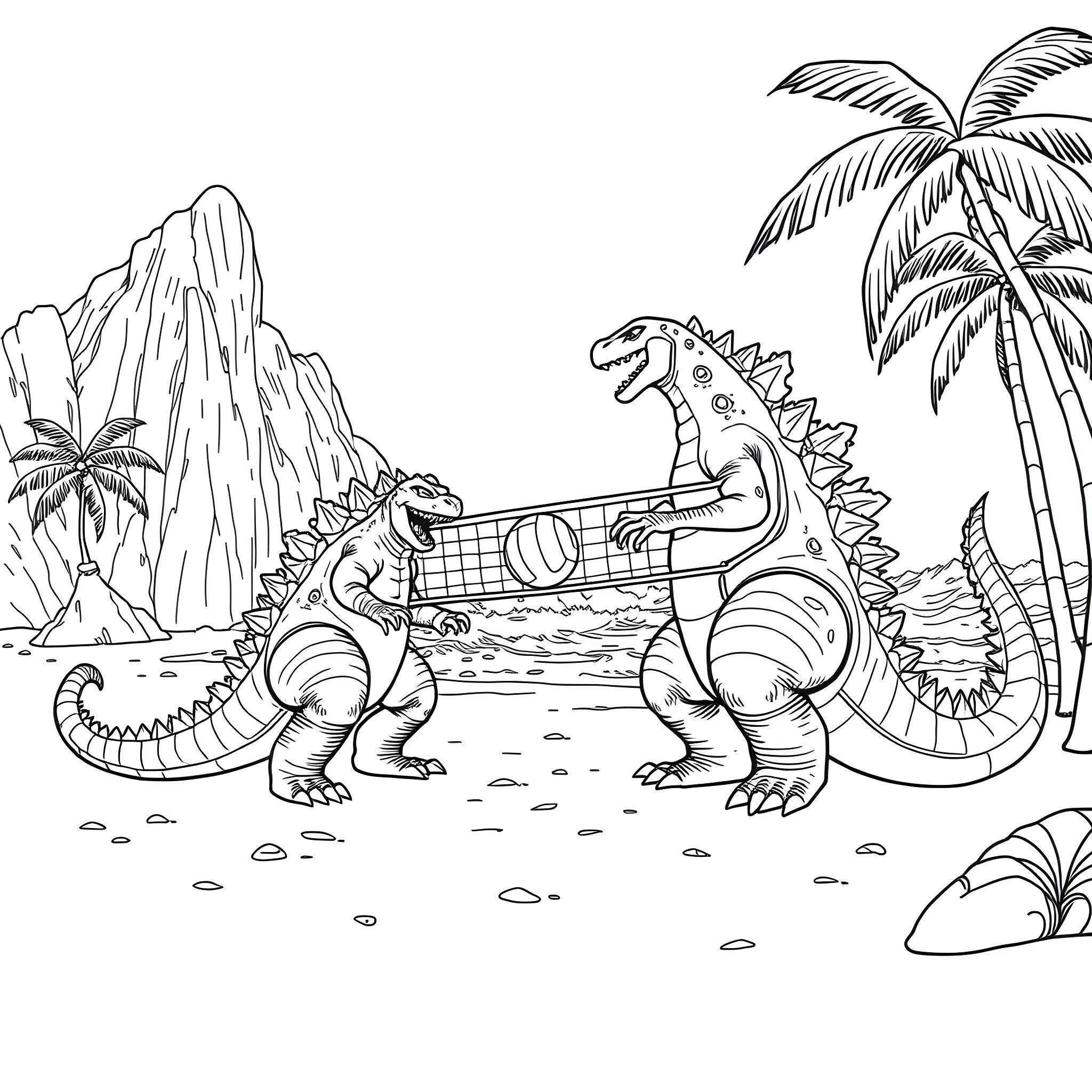 Godzilla Dinosaurs Battling in Tropical Paradise Coloring Page (free black-and-white line drawing printable PDF for all, from beginners to advanced learners, including children, teens, adults, and seniors)