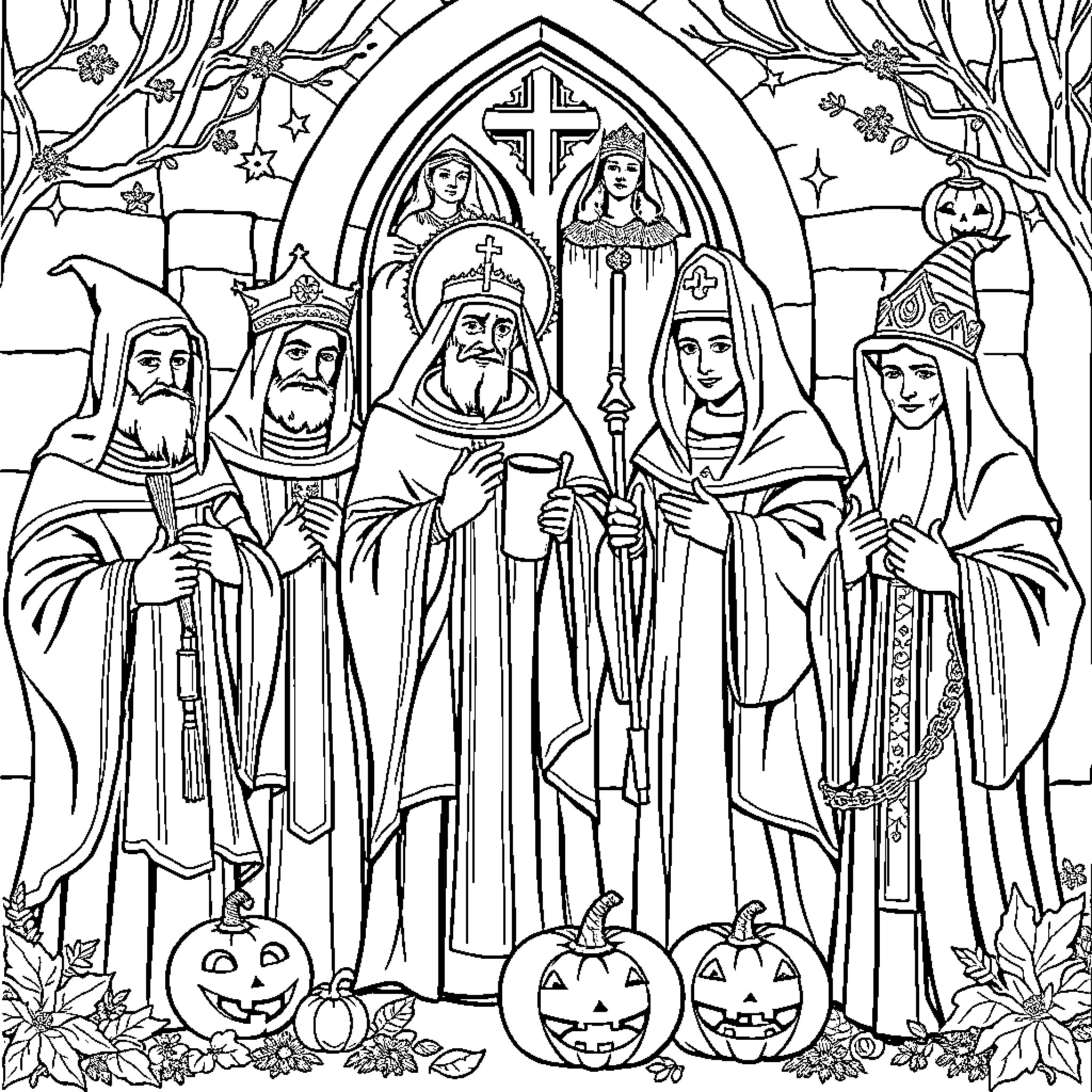 Saint Saints Celebrating Holy Occasion in Cathedral Coloring Page (free black-and-white line drawing printable PDF for all, from beginners to advanced learners, including children, teens, adults, and seniors)