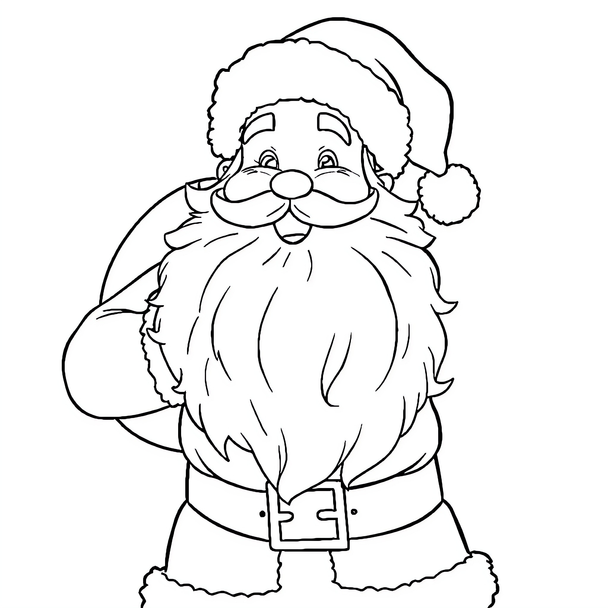 Santa's Jolly Facial Expression and Winter Attire Coloring Page (free black-and-white line drawing printable PDF for all, from beginners to advanced learners, including children, teens, adults, and seniors)