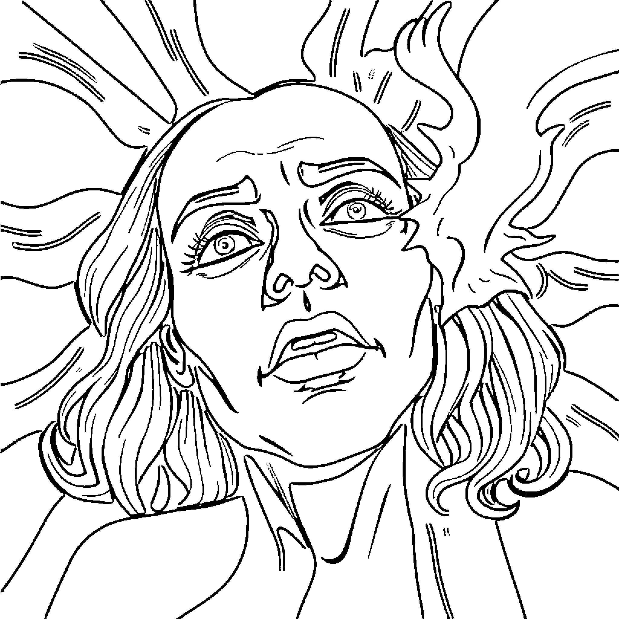 Lie of a Distressed Face in Turmoil Coloring Page (free black-and-white line drawing printable PDF for all, from beginners to advanced learners, including children, teens, adults, and seniors)