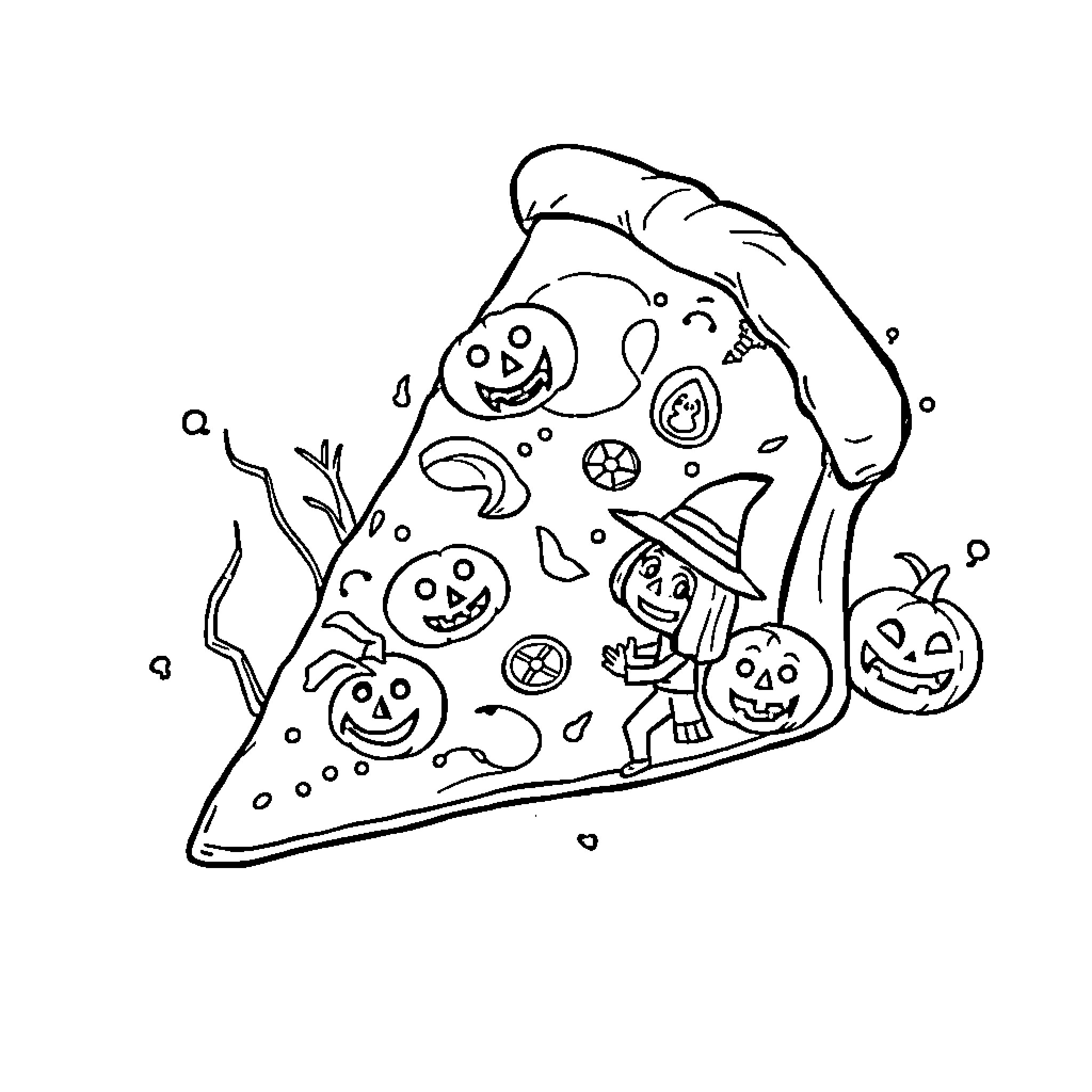 Pizza with Spooky Halloween Designs Coloring Page (free black-and-white line drawing printable PDF for all, from beginners to advanced learners, including children, teens, adults, and seniors)