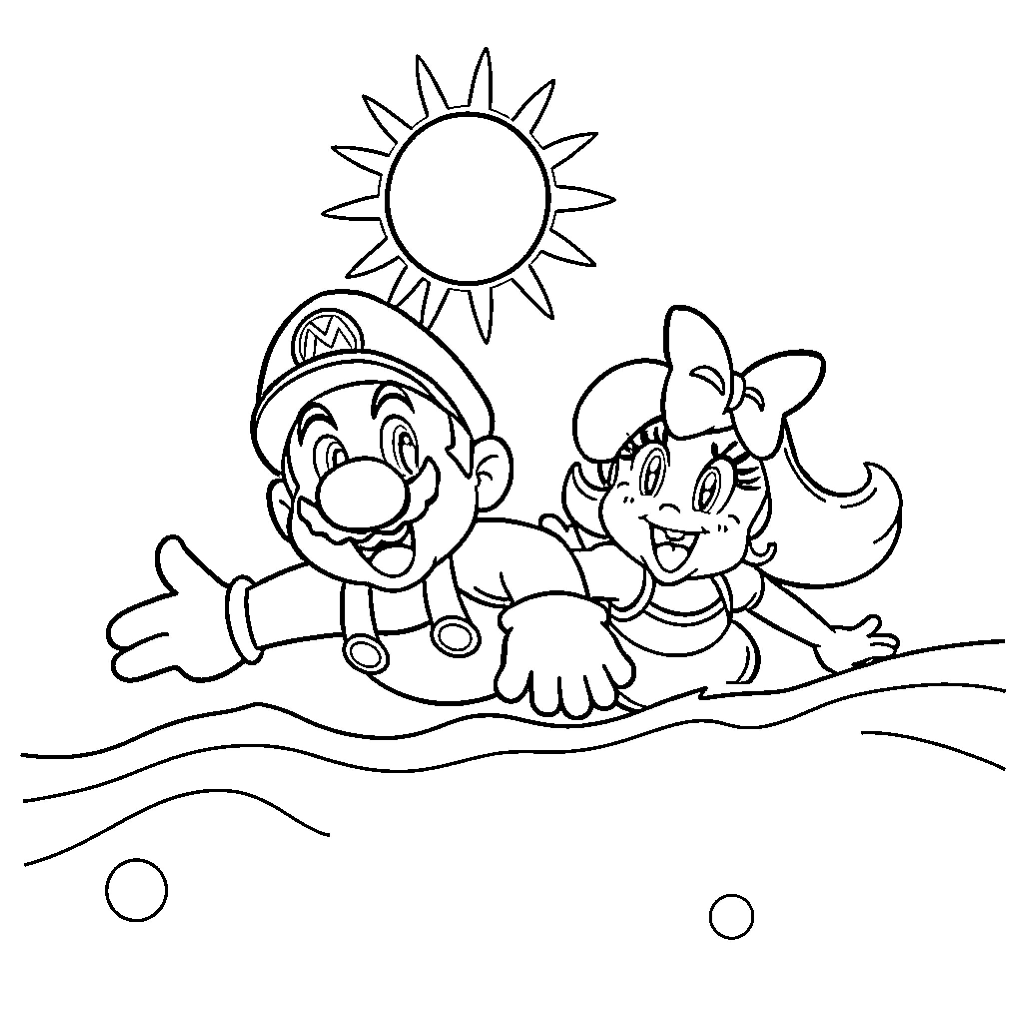 Mario and Minnie enjoying a sunny day Coloring Page (free black-and-white line drawing printable PDF for all, from beginners to advanced learners, including children, teens, adults, and seniors)