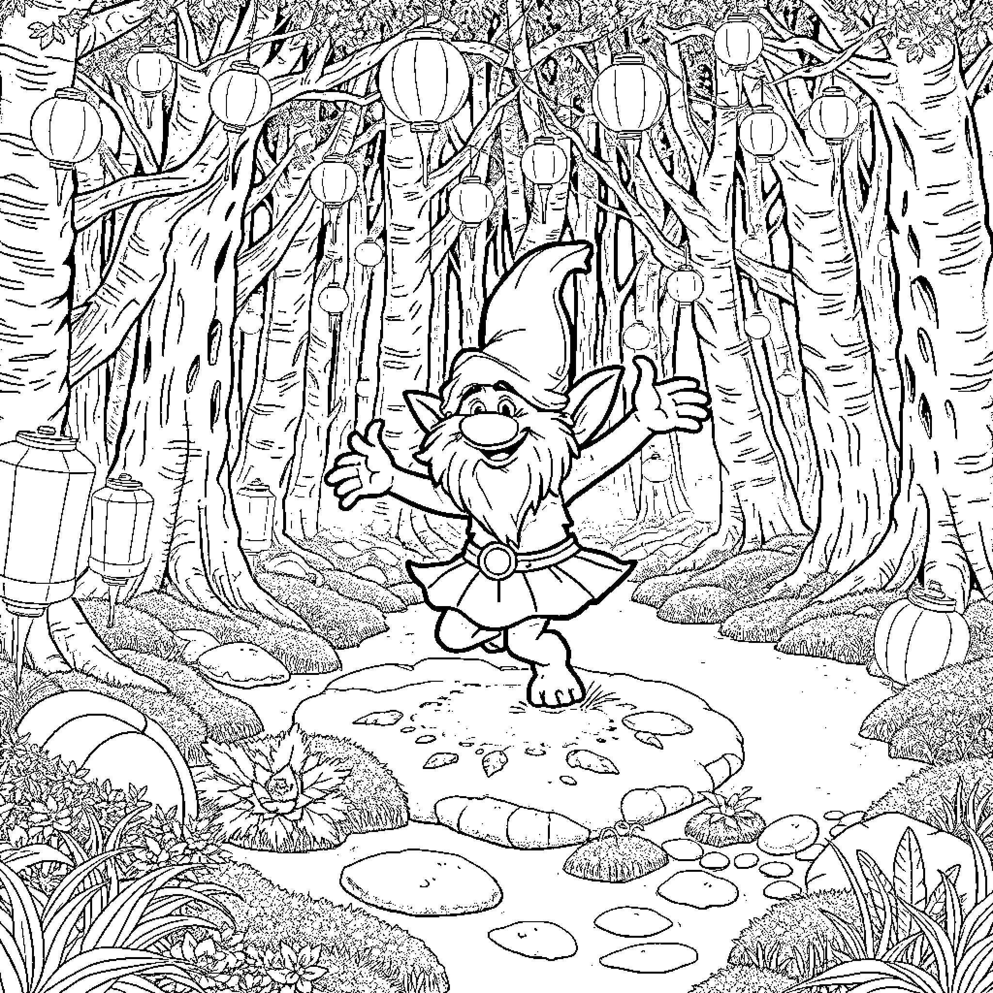 Troll frolicking in enchanted forest with lanterns Coloring Page (free black-and-white line drawing printable PDF for all, from beginners to advanced learners, including children, teens, adults, and seniors)