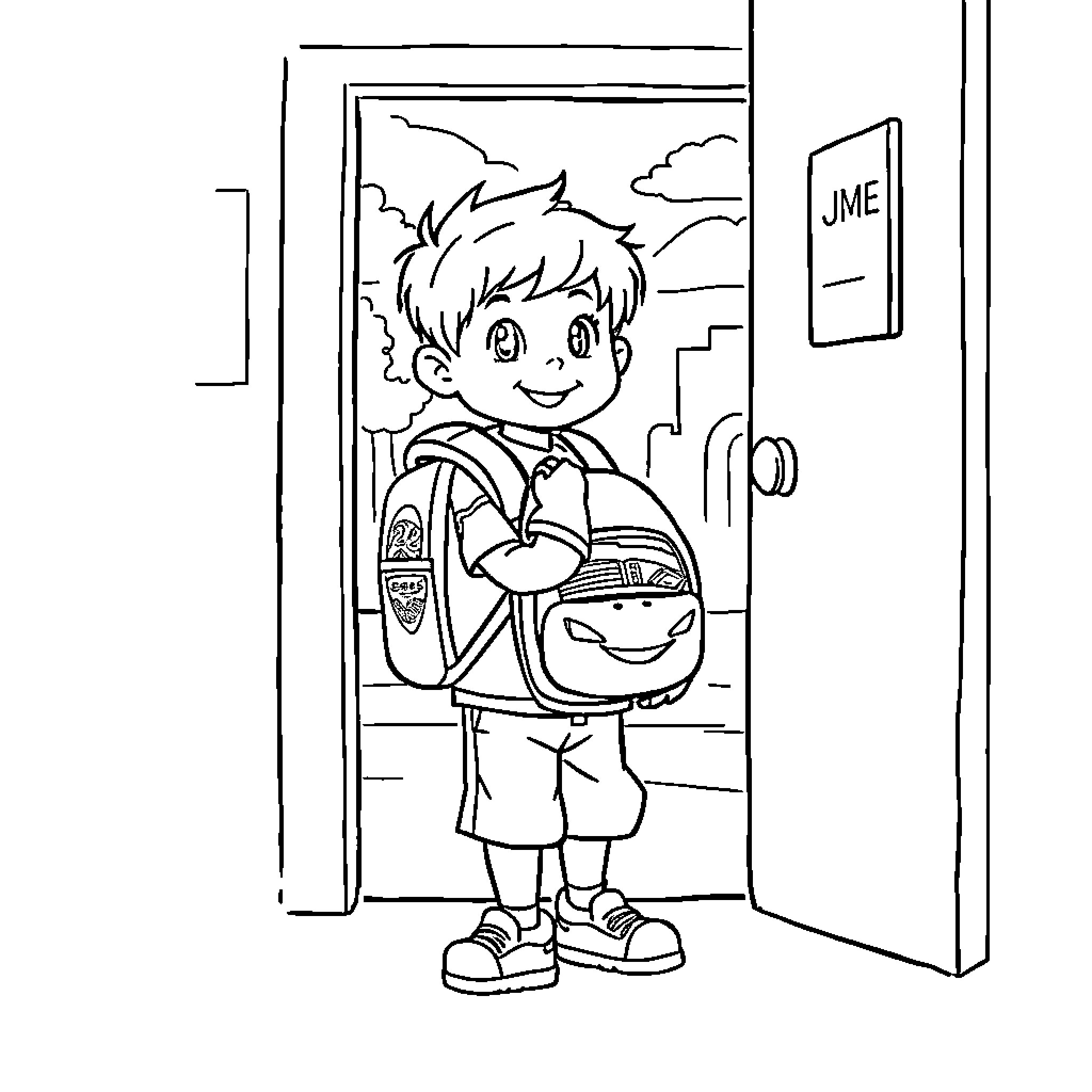 Niño excitedly heading off to school Coloring Page (free black-and-white line drawing printable PDF for all, from beginners to advanced learners, including children, teens, adults, and seniors)