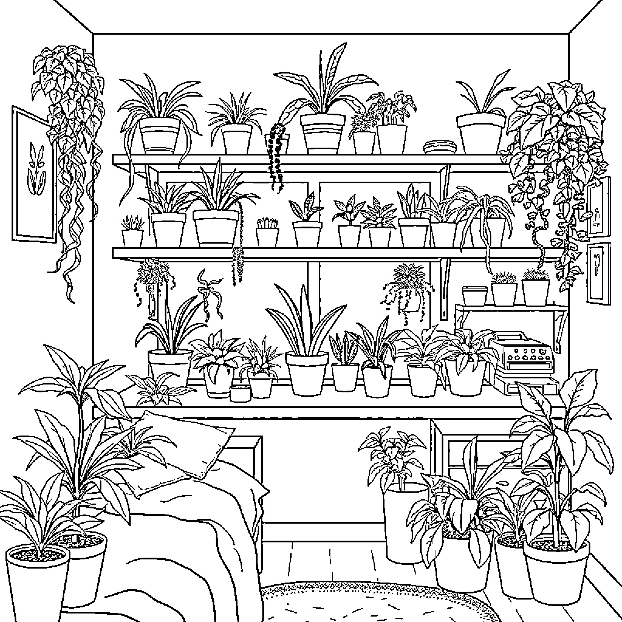 Plant-filled indoor greenhouse with shelves Coloring Page (free black-and-white line drawing printable PDF for all, from beginners to advanced learners, including children, teens, adults, and seniors)