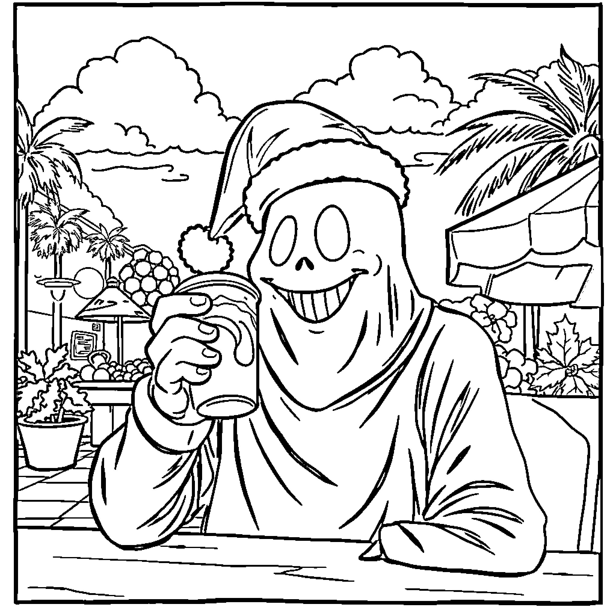 Ghostface enjoying a tropical vacation Coloring Page (free black-and-white line drawing printable PDF for all, from beginners to advanced learners, including children, teens, adults, and seniors)