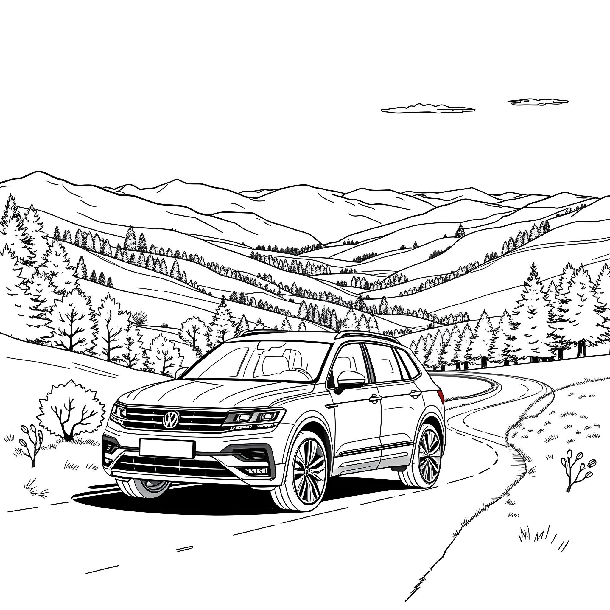 Tiguan on a scenic mountain road Coloring Page (free black-and-white line drawing printable PDF for all, from beginners to advanced learners, including children, teens, adults, and seniors)