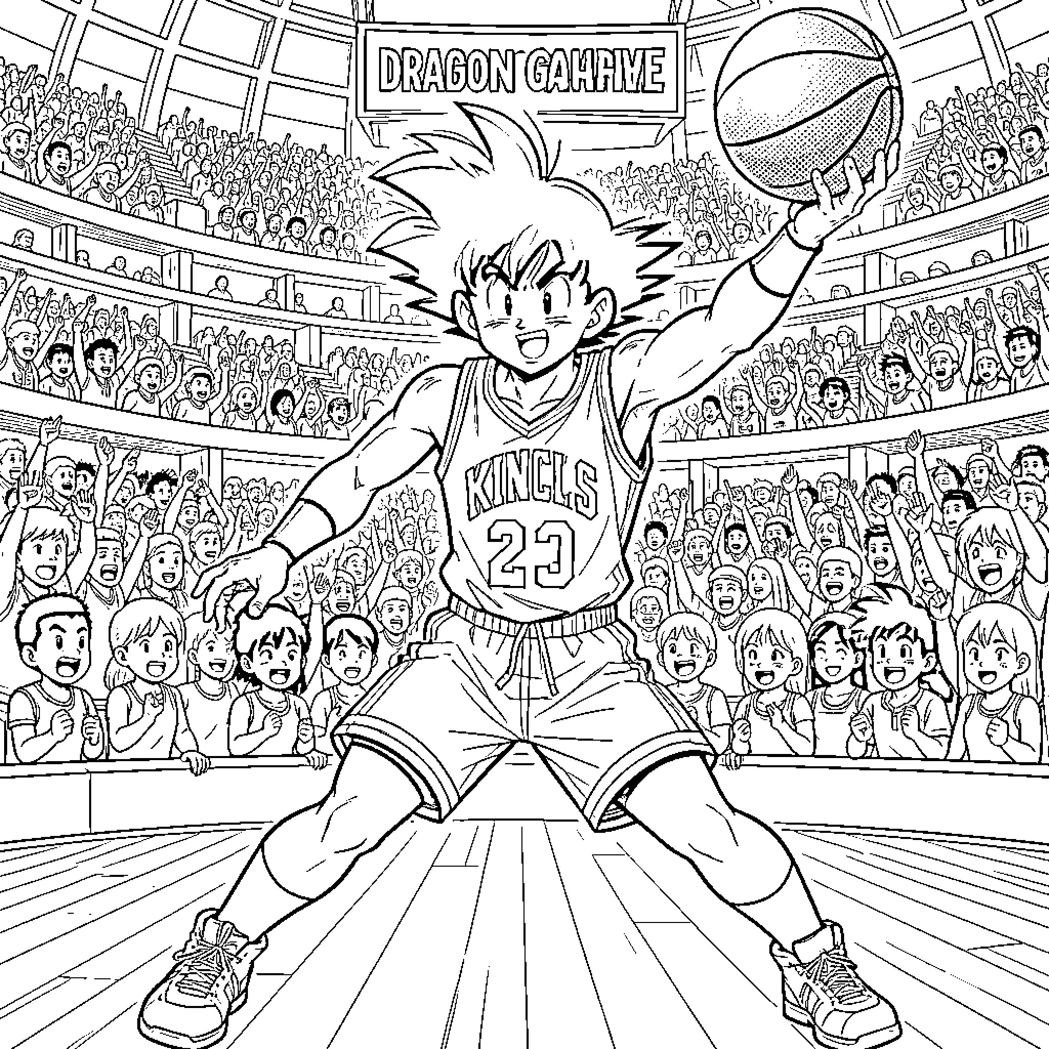 Sangoku playing basketball in a crowded arena Coloring Page (free black-and-white line drawing printable PDF for all, from beginners to advanced learners, including children, teens, adults, and seniors)