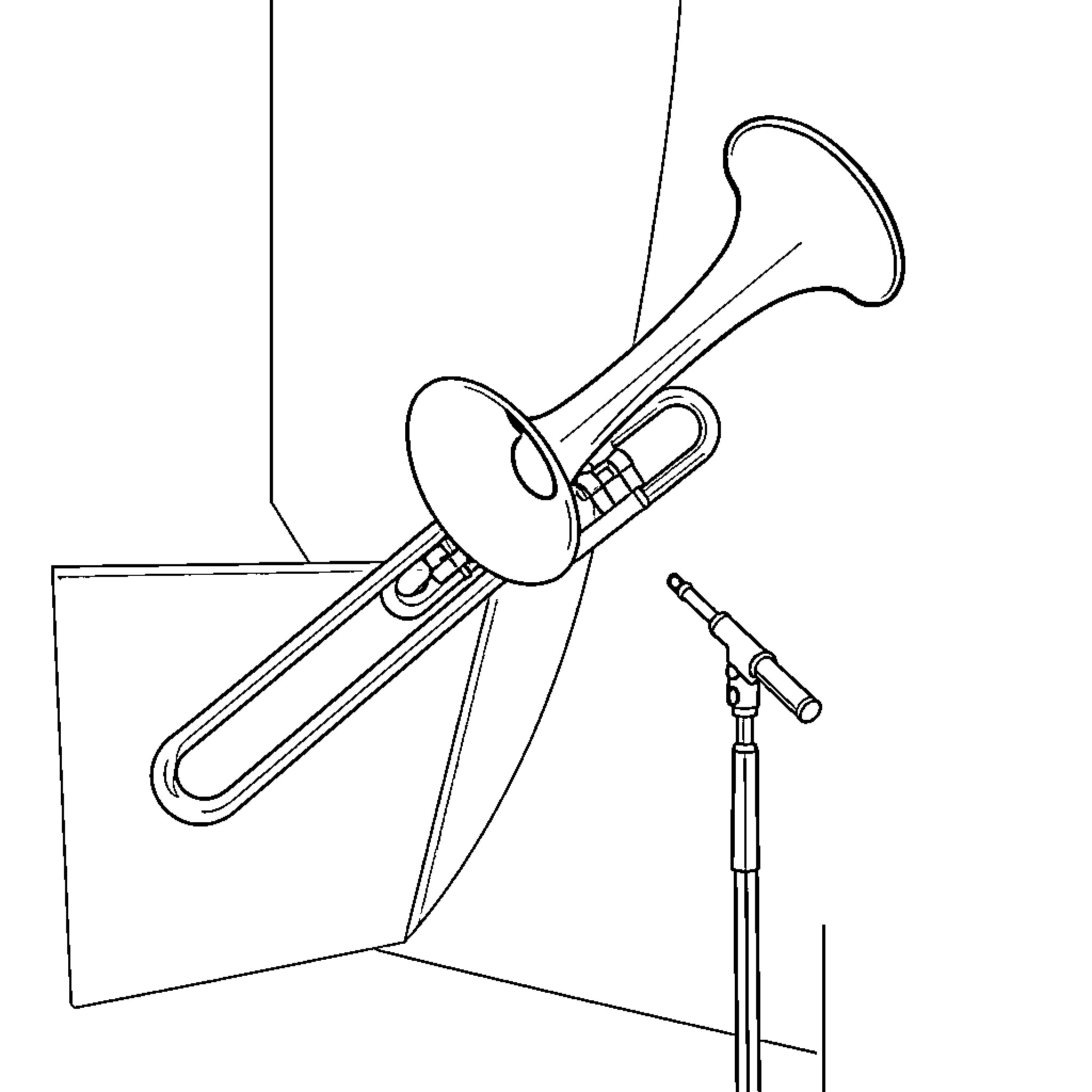 Trombone on a Microphone Stand Coloring Page (free black-and-white line drawing printable PDF for all, from beginners to advanced learners, including children, teens, adults, and seniors)