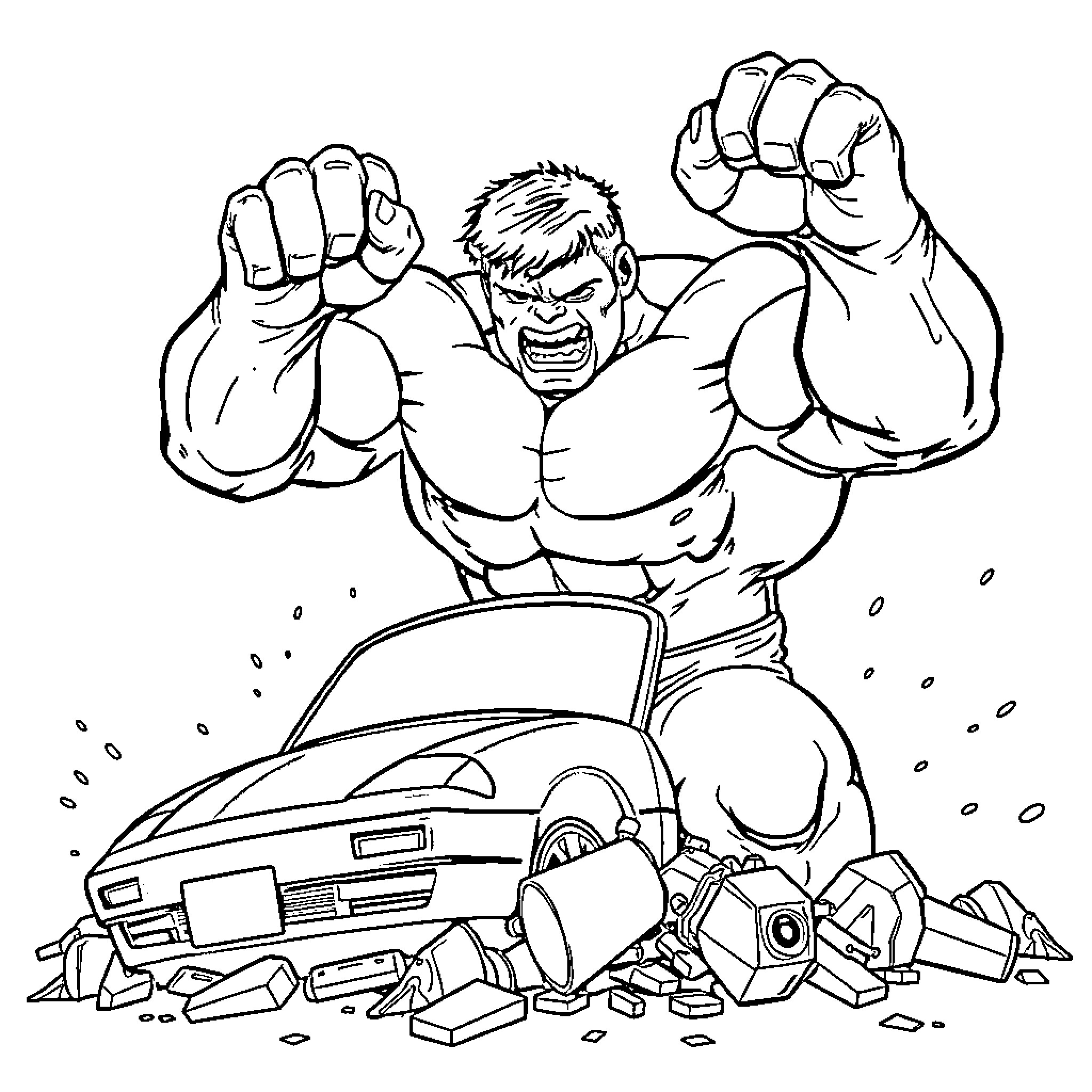 Hulk destroying car in rage Coloring Page (free black-and-white line drawing printable PDF for all, from beginners to advanced learners, including children, teens, adults, and seniors)
