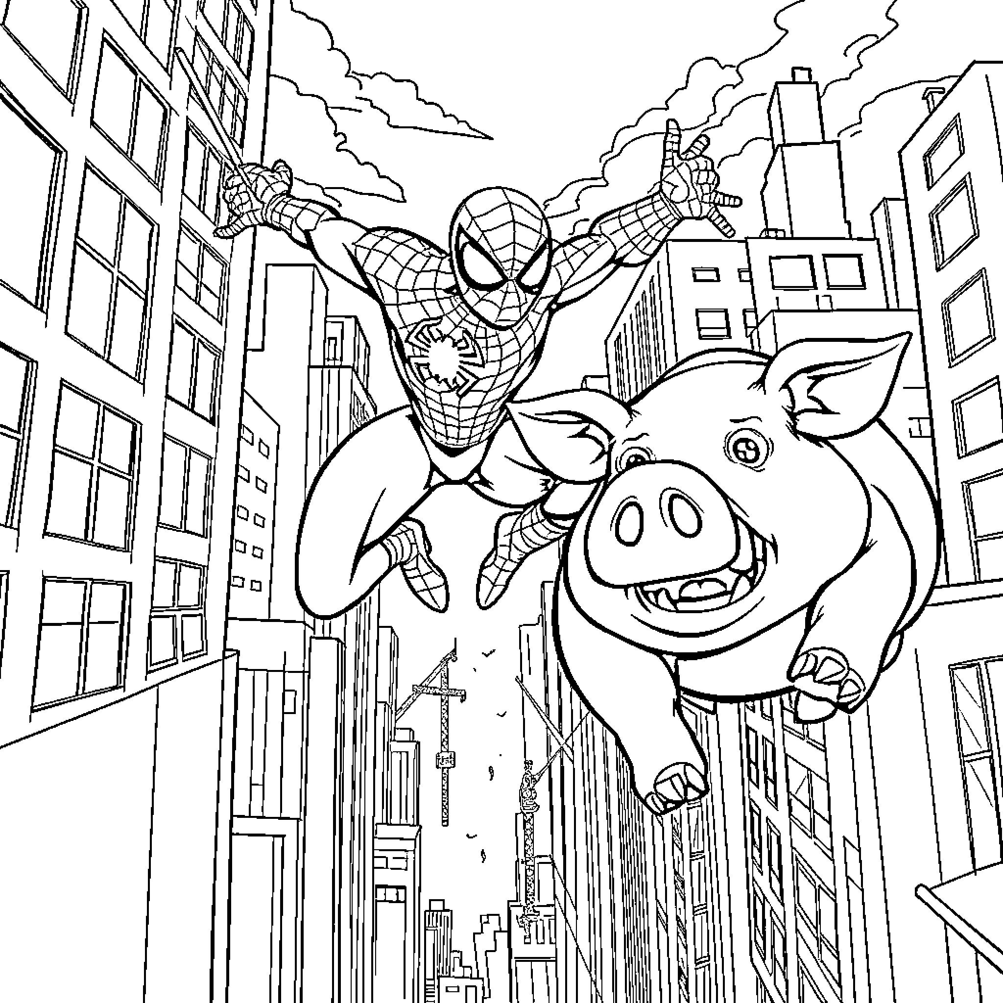 Spiderman swinging heroically over the city with a pig Coloring Page (free black-and-white line drawing printable PDF for all, from beginners to advanced learners, including children, teens, adults, and seniors)