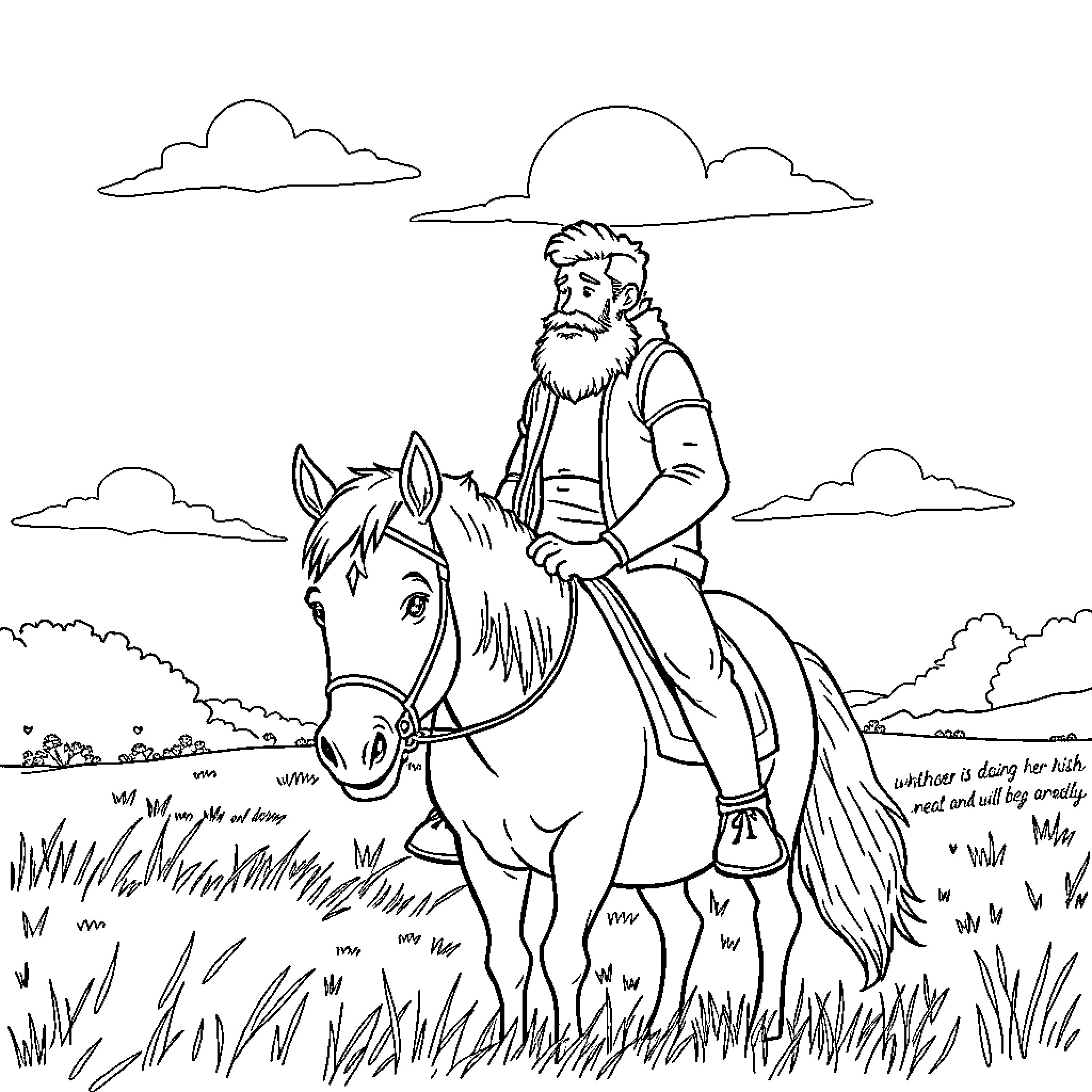 Man riding horse through serene countryside Coloring Page (free black-and-white line drawing printable PDF for all, from beginners to advanced learners, including children, teens, adults, and seniors)