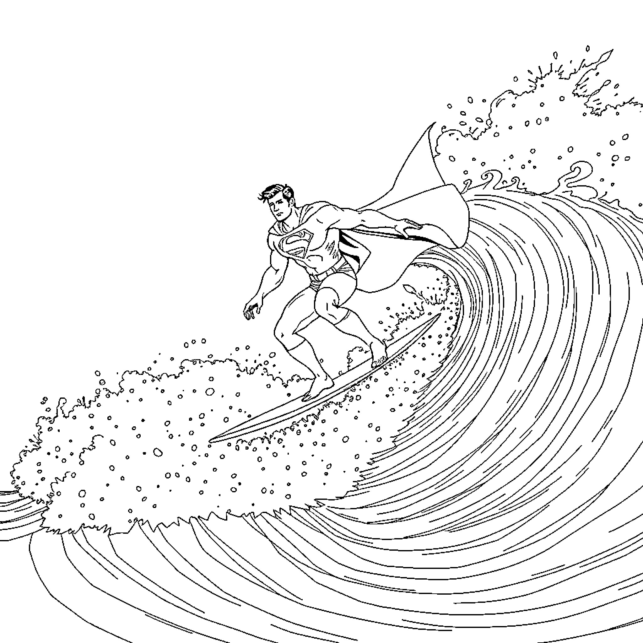 Superman riding a giant wave with heroic expression Coloring Page (free black-and-white line drawing printable PDF for all, from beginners to advanced learners, including children, teens, adults, and seniors)