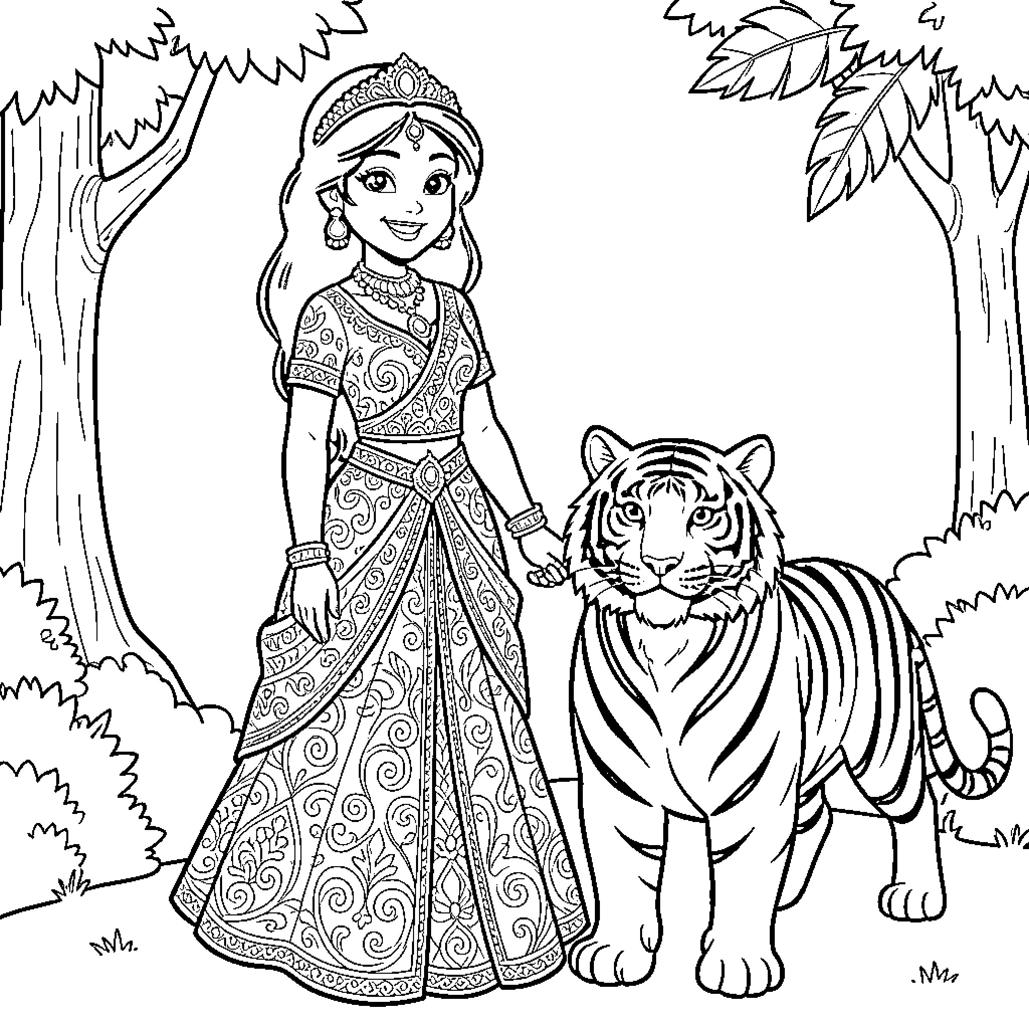 Princess Jasmine standing beside a tiger in a forest Coloring Page (free black-and-white line drawing printable PDF for all, from beginners to advanced learners, including children, teens, adults, and seniors)