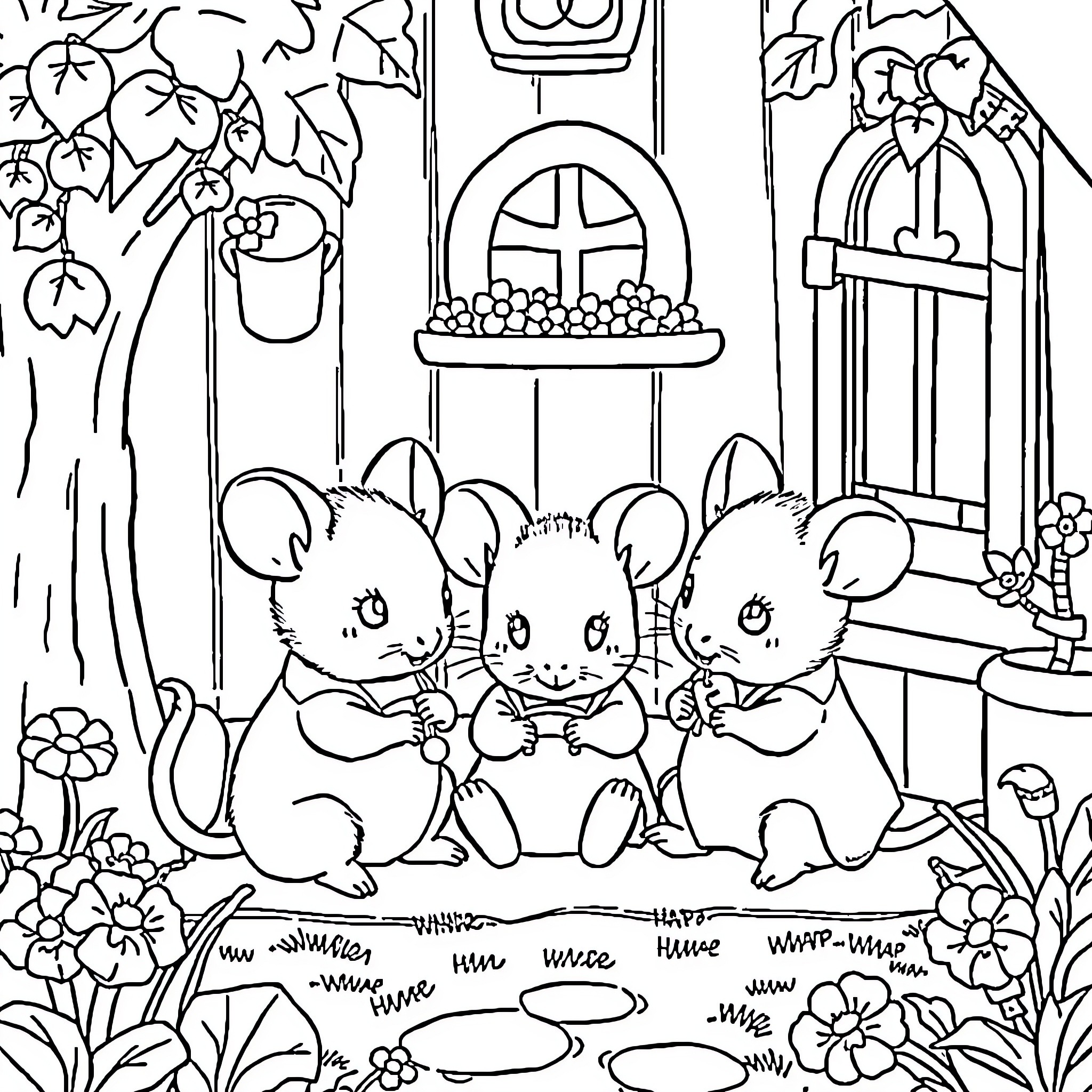 Mouse family exploring a whimsical forest scene Coloring Page (free black-and-white line drawing printable PDF for all, from beginners to advanced learners, including children, teens, adults, and seniors)