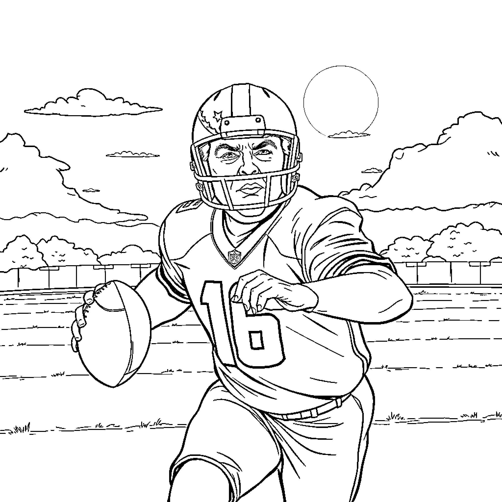 Trump playing football in the stadium Coloring Page (free black-and-white line drawing printable PDF for all, from beginners to advanced learners, including children, teens, adults, and seniors)