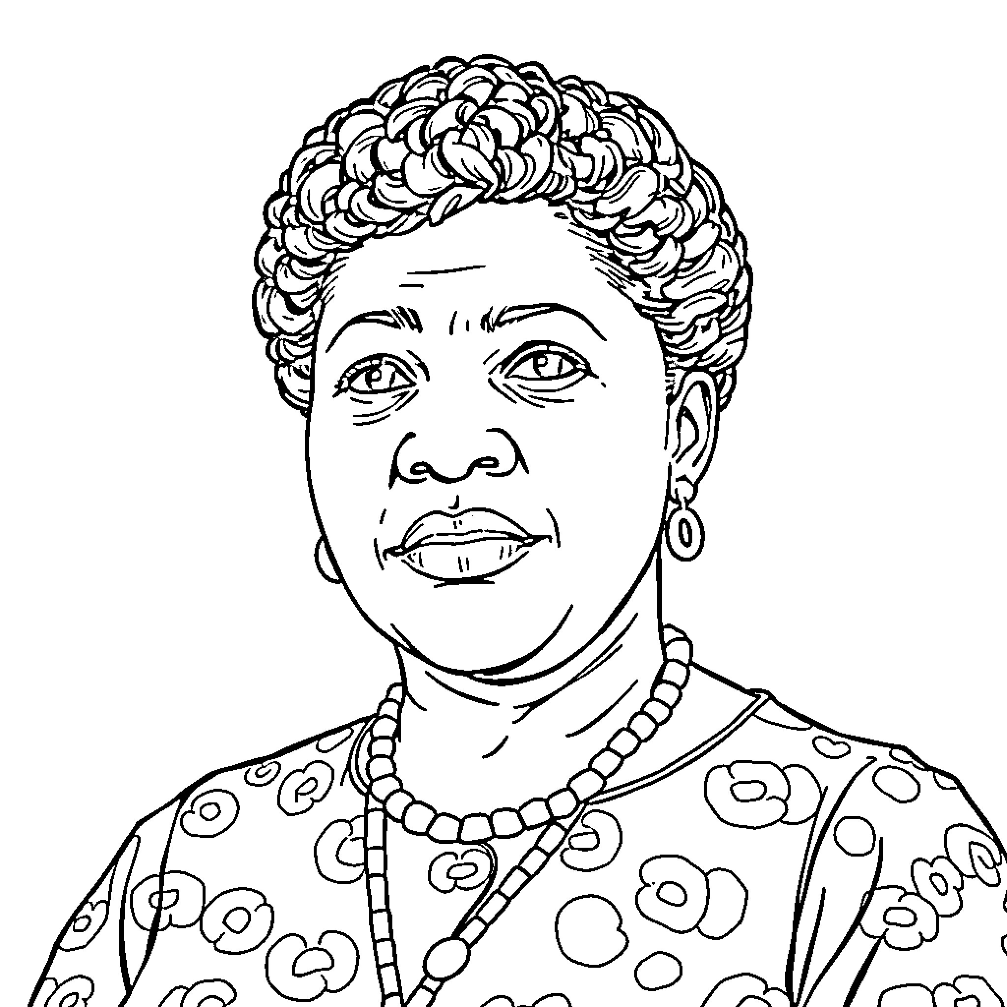 Henrietta Lacks depicted in a patterned dress and with an expression of warmth Coloring Page (free black-and-white line drawing printable PDF for all, from beginners to advanced learners, including children, teens, adults, and seniors)