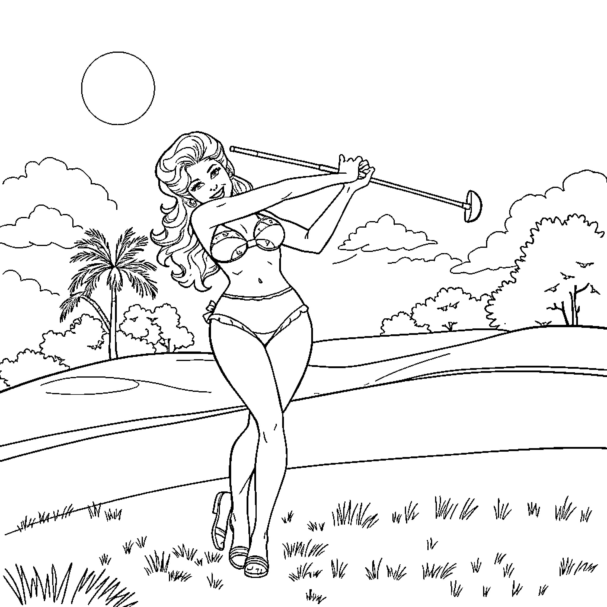 Jayne Mansfield sunbathing in tropical landscape Coloring Page (free black-and-white line drawing printable PDF for all, from beginners to advanced learners, including children, teens, adults, and seniors)