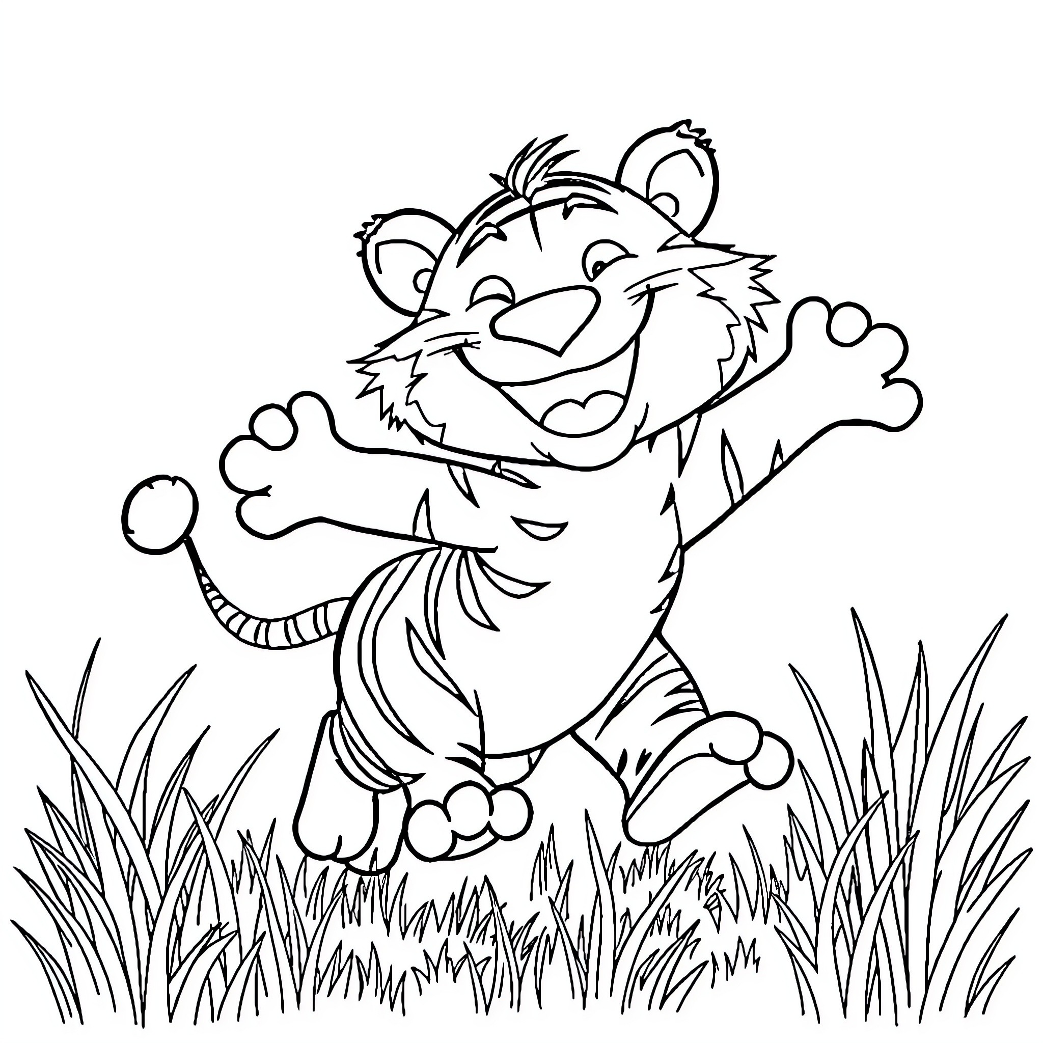 Tiger Happily Jumping in the Grass Coloring Page (free black-and-white line drawing printable PDF for all, from beginners to advanced learners, including children, teens, adults, and seniors)