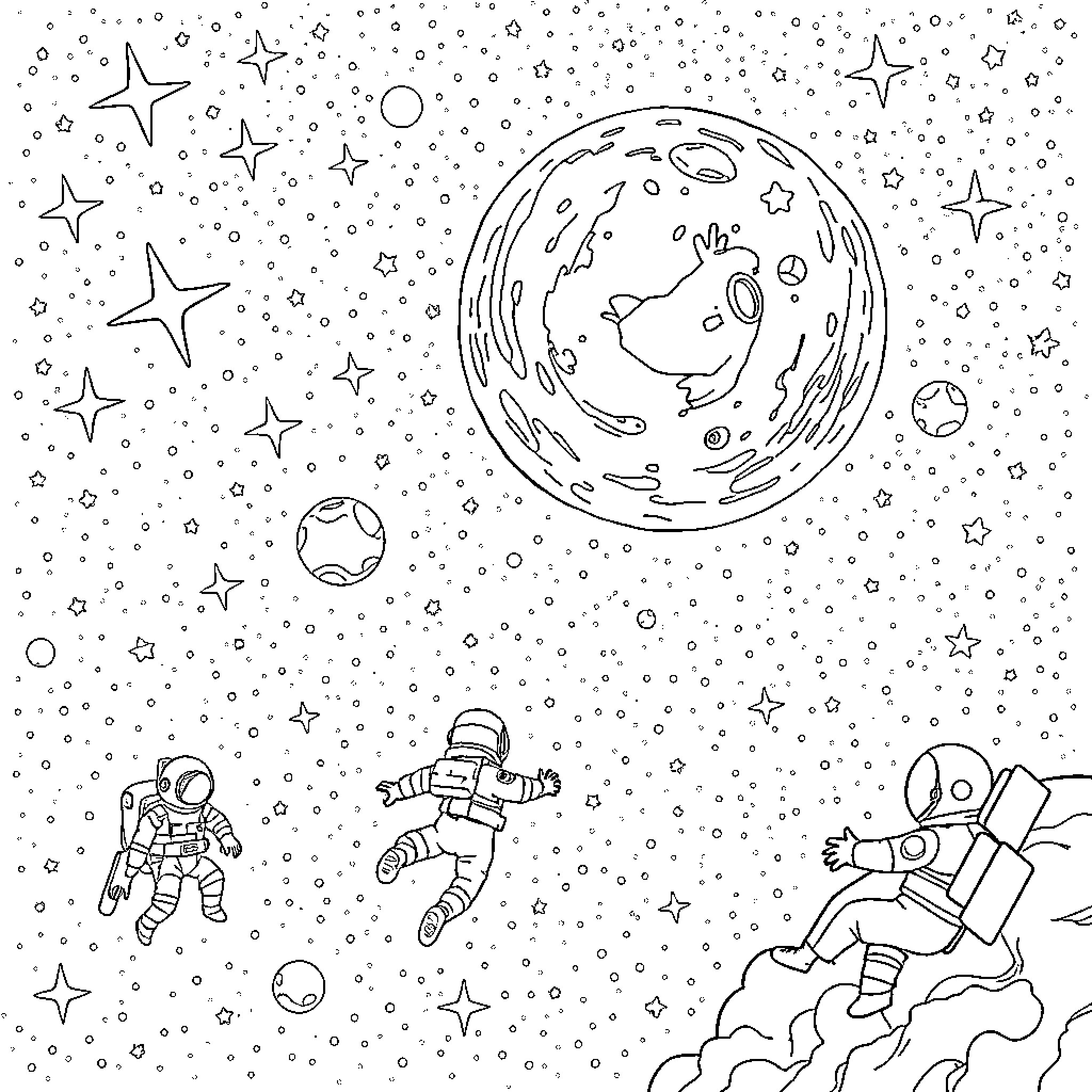 Astronauts exploring the wondrous cosmic landscape Coloring Page (free black-and-white line drawing printable PDF for all, from beginners to advanced learners, including children, teens, adults, and seniors)