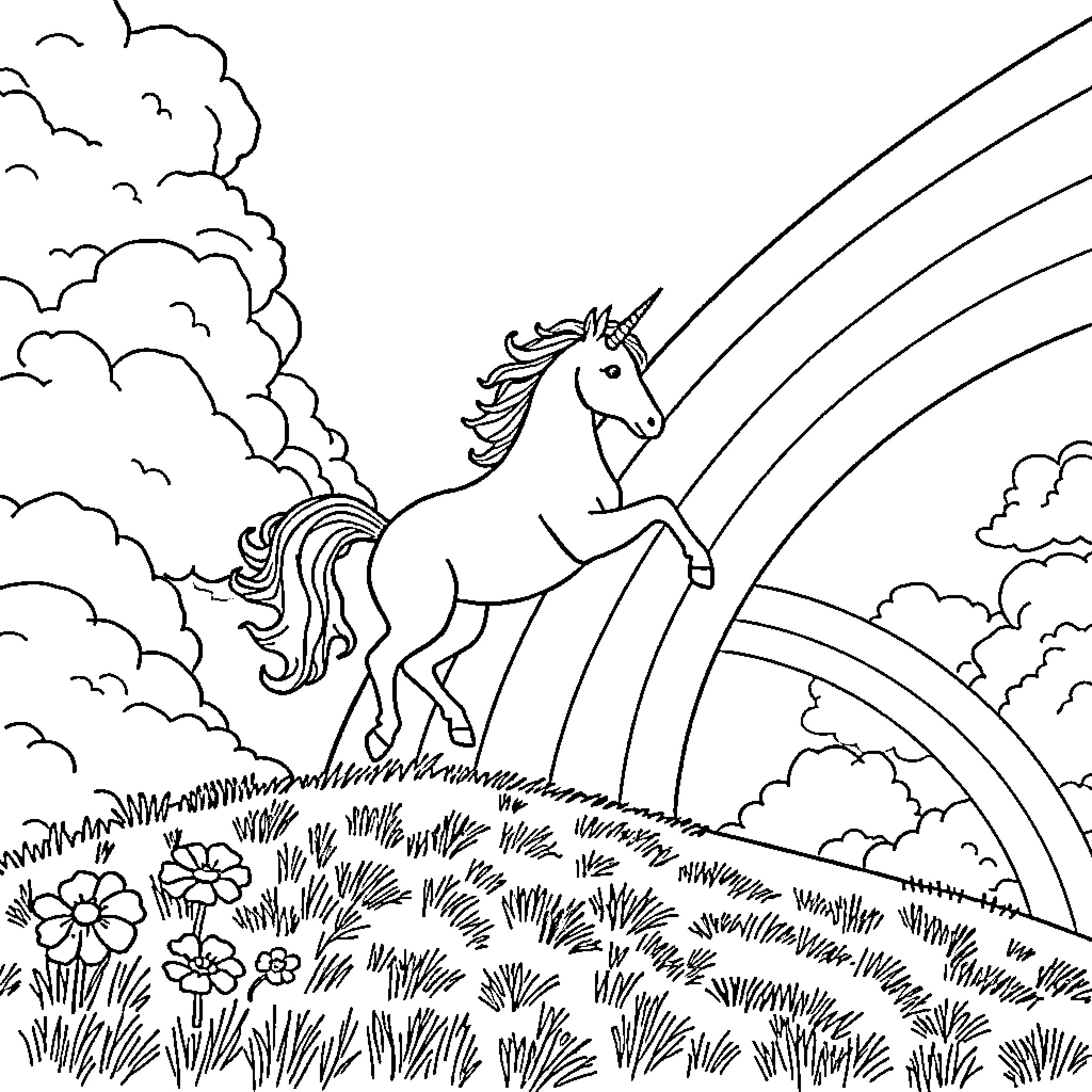 Unicorn galloping through a magical meadow Coloring Page (free black-and-white line drawing printable PDF for all, from beginners to advanced learners, including children, teens, adults, and seniors)