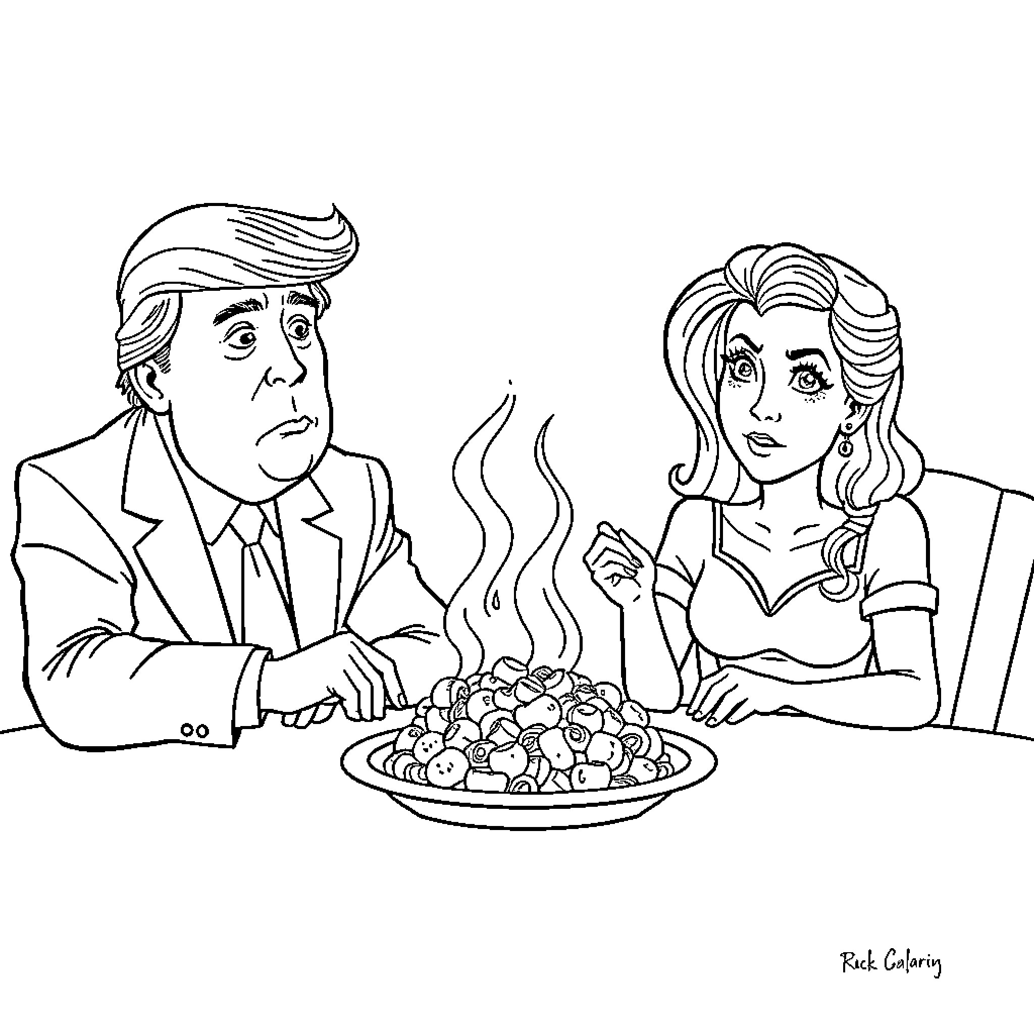 Donald Trump dining with a female companion Coloring Page (free black-and-white line drawing printable PDF for all, from beginners to advanced learners, including children, teens, adults, and seniors)